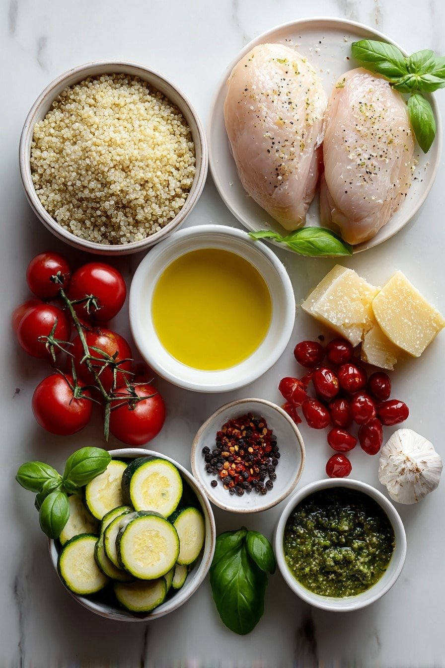 Pesto Chicken Quinoa Bowl Recipe - Ingredients Image — Pesto Chicken Quinoa Bowl, healthy quinoa bowl with pesto and chicken, easy pesto chicken dinner, nutritious quinoa recipes, flavorful chicken and veggie bowls