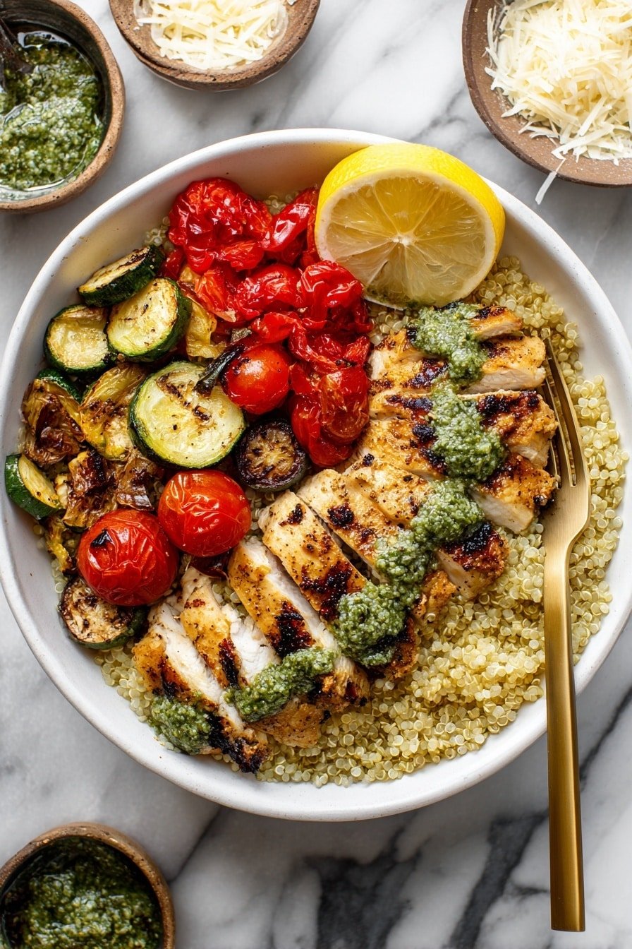 Pesto Chicken Quinoa Bowl Recipe - Article Image 1 — Pesto Chicken Quinoa Bowl, healthy quinoa bowl with pesto and chicken, easy pesto chicken dinner, nutritious quinoa recipes, flavorful chicken and veggie bowls