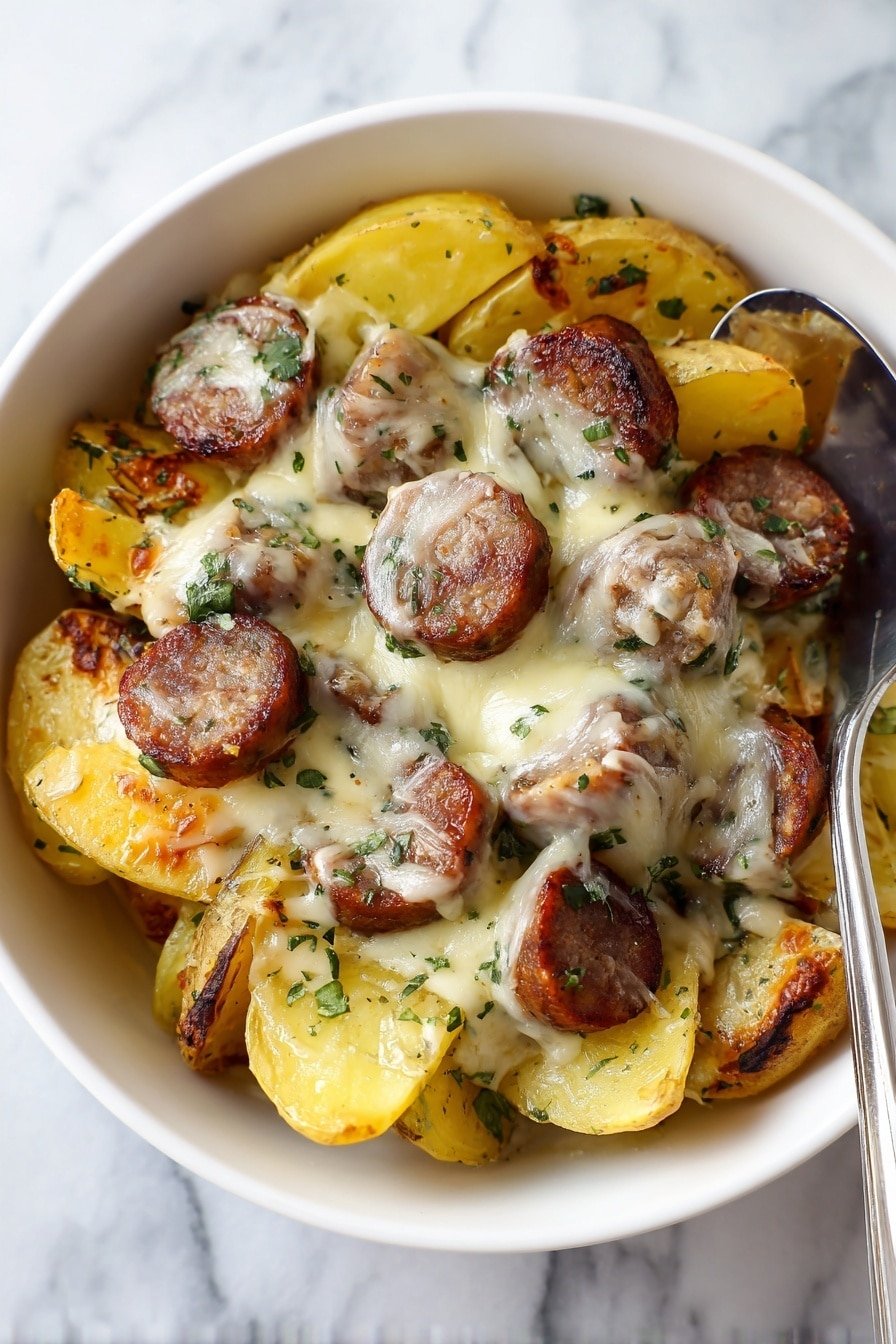 Cheesy Ranch Potatoes with Smoked Sausage Recipe - Article Image 2 — Cheesy Ranch Potatoes with Smoked Sausage, cheesy ranch potato bake, smoked sausage potato skillet, easy cheesy sausage dinner, hearty sheet pan potato recipe