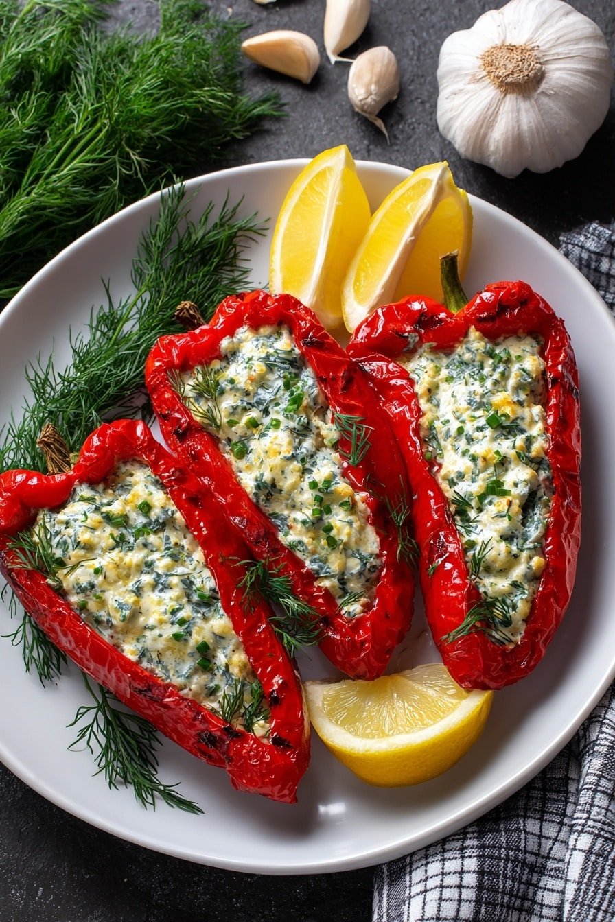 Feta Stuffed Peppers with Lemon Dressing Recipe - Article Image 2 — Feta Stuffed Peppers with Lemon Dressing, stuffed pepper recipes, easy stuffed peppers, baked feta peppers, summer appetizer ideas