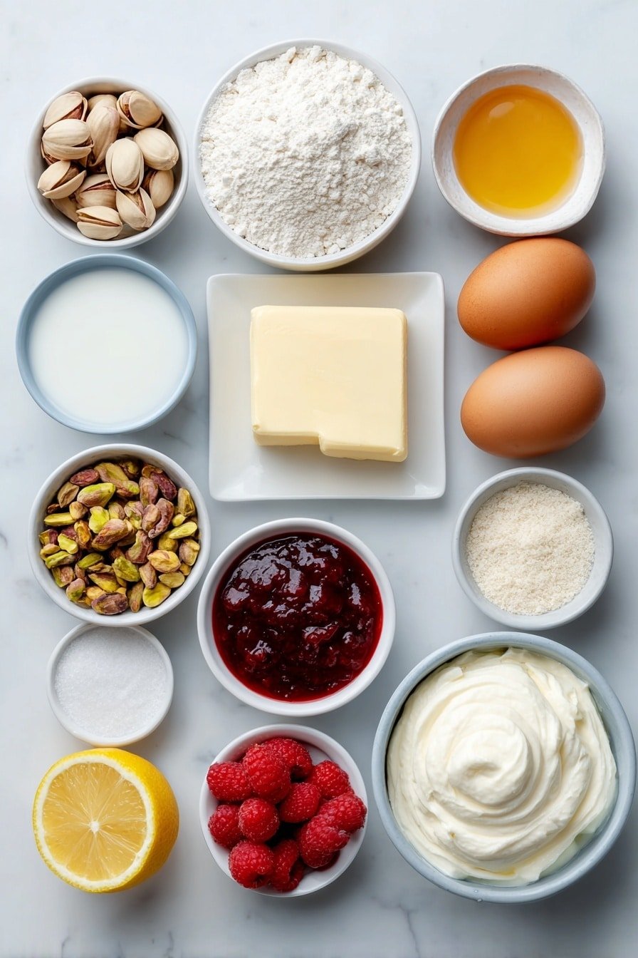 Pistachio Raspberry Cake Recipe - Ingredients Image — Pistachio Raspberry Cake, pistachio raspberry cake recipe, raspberry pistachio dessert, easy pistachio cake with raspberries, homemade pistachio raspberry cake