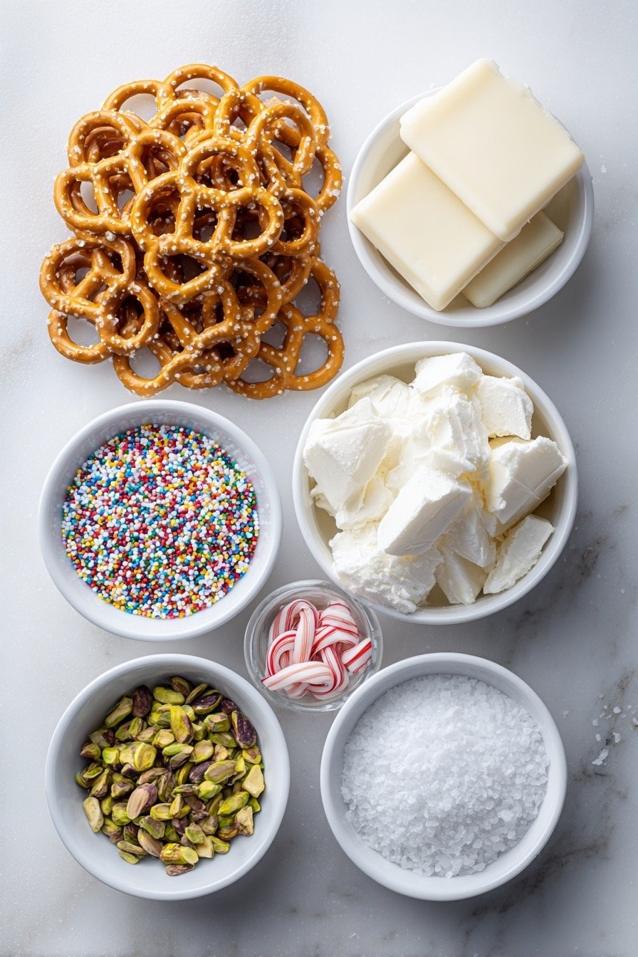 White Chocolate Pretzels Recipe - Ingredients Image — White Chocolate Pretzels, White Chocolate Pretzels Recipe, Sweet and Salty Snack, Easy Pretzel Dessert, Homemade White Chocolate Pretzels