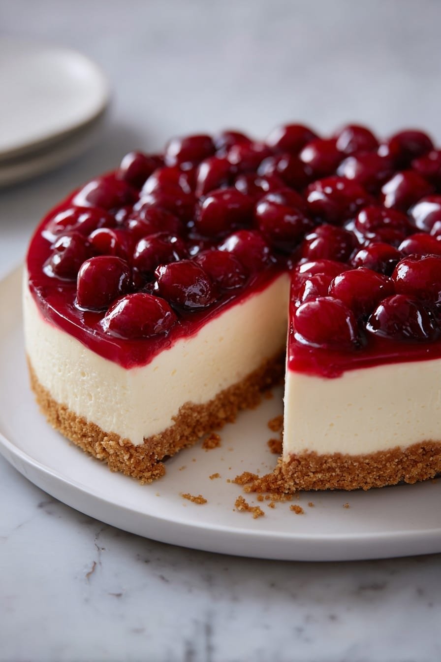 Creamy Cherry Cheesecake Recipe - Article Image 1 — Creamy Cherry Cheesecake, cherry cheesecake dessert, easy cherry cheesecake recipe, no-bake cherry cheesecake, party cheesecake with cherries
