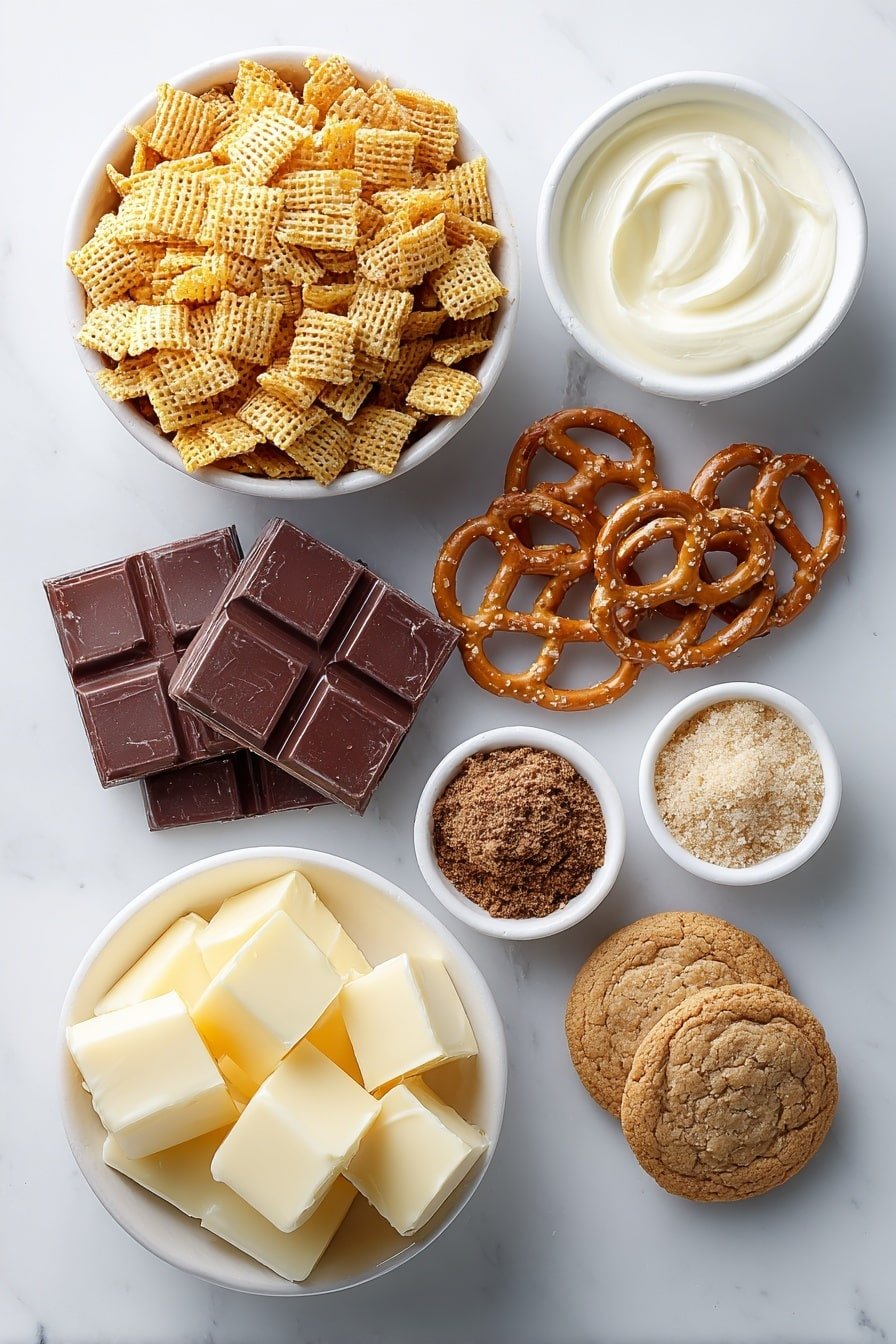 Gingerbread Snack Mix with White Chocolate Drizzle Recipe - Ingredients Image — Gingerbread Snack Mix with White Chocolate Drizzle, holiday snack mix, easy gingerbread treats, festive snack recipes, Christmas dessert ideas