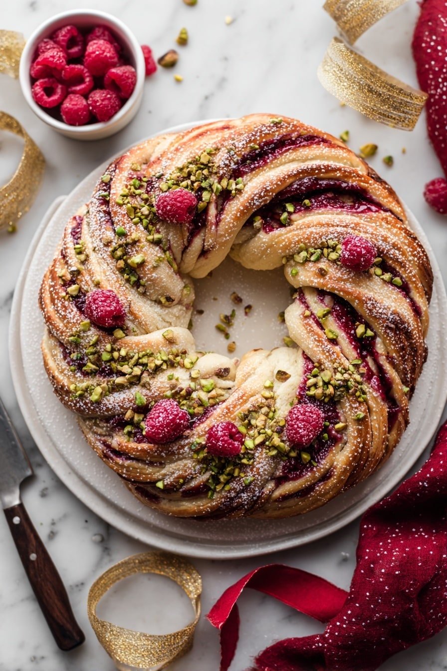 Raspberry Pistachio Wreath Recipe - Article Image 1 — Raspberry Pistachio Wreath, raspberry pistachio bread, festive wreath baking, easy holiday brunch ideas, fruity nut pastry