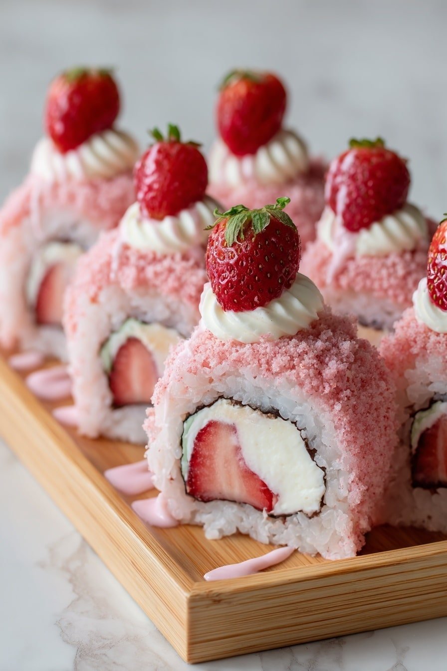 Strawberry Shortcake Sushi Rolls Recipe - Article Image 1 — Strawberry Shortcake Sushi Rolls, easy dessert sushi, fruit sushi recipes, summer dessert ideas, sweet sushi rolls