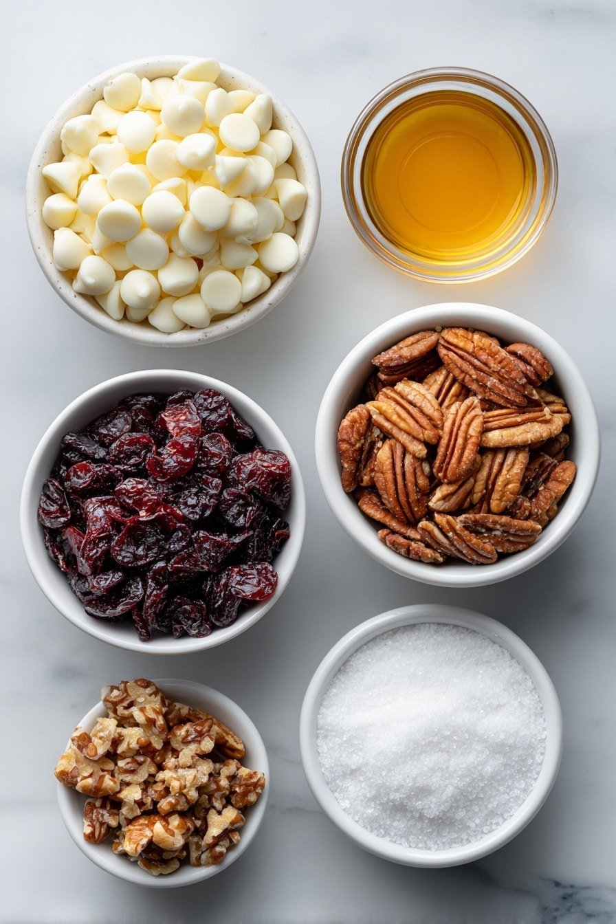 Cranberry Pecan White Chocolate Clusters Recipe - Ingredients Image — Cranberry Pecan White Chocolate Clusters, white chocolate clusters recipe, holiday snack ideas, easy no-bake treats, festive dessert bites