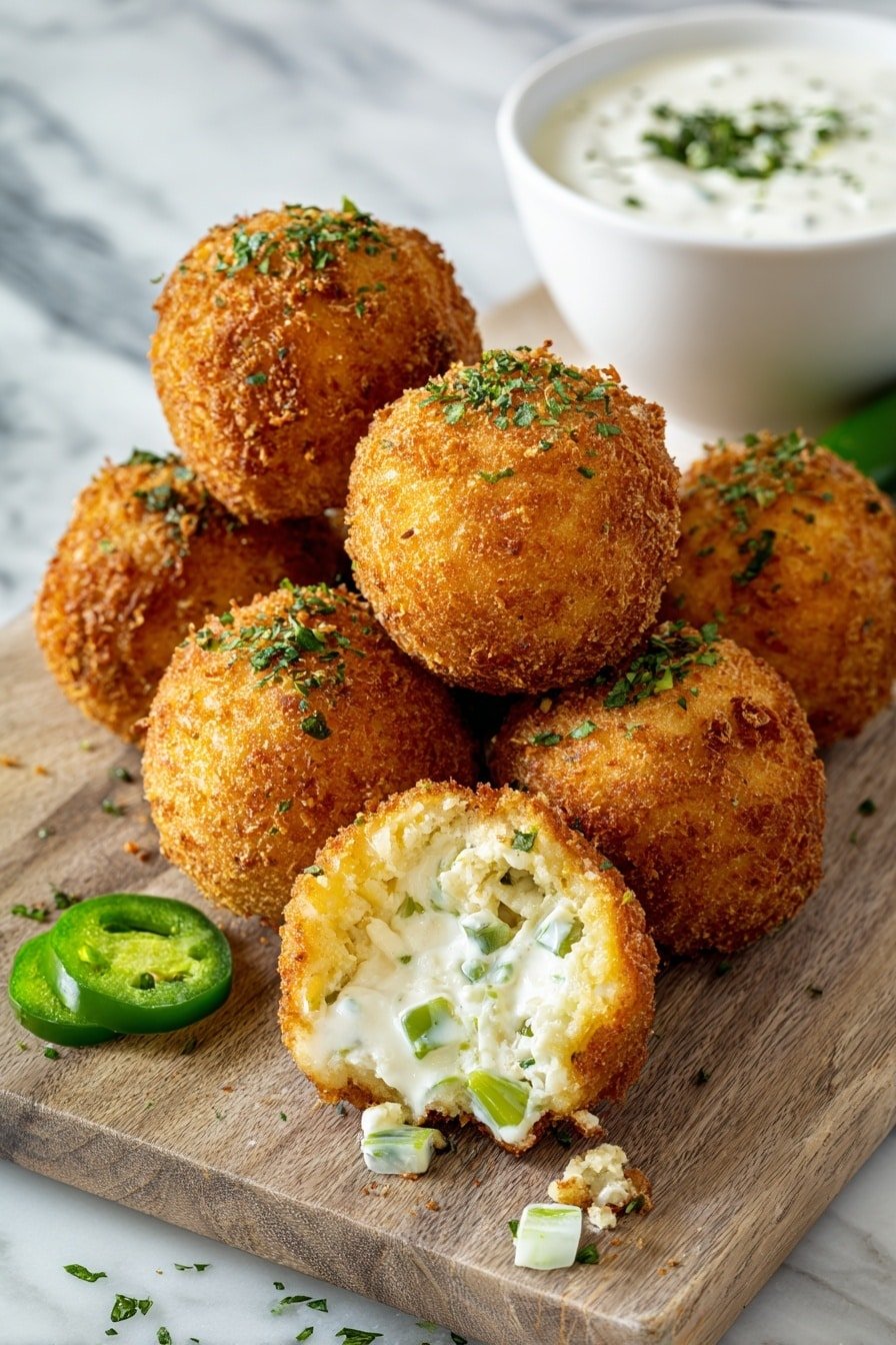 A wooden board holds ten golden-brown, round fried balls with a crunchy texture, arranged loosely around a small white ramekin filled with creamy white dipping sauce. One ball is split open, revealing a soft, pale yellow inside. Three slices of green jalapeño peppers are scattered around the board, adding a touch of color and spice. The background is a white marbled texture. Photo taken with an iphone --ar 2:3 --v 7 — Cheddar Jalapeño Rattlesnake Bites, cheesy spicy appetizer, crispy jalapeño bites, easy party snack, flavorful cheese and jalapeño bites