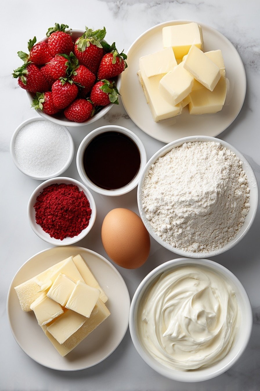 Flat lay of a small mound of all-purpose flour on a simple white ceramic plate, a few cubes of unsalted butter on a white ceramic dish, granulated sugar in a small white bowl, a single large brown egg with a smooth uncracked shell, a small white bowl holding clear vanilla extract, crushed freeze-dried strawberries showing bright red flakes in a white bowl, fine grain salt on a white ceramic plate, a smooth mound of creamy mascarpone cheese on a white dish, a small white bowl filled with thick heavy cream, powdered sugar neatly piled on a white plate, freshly sliced bright red strawberries arranged on a white ceramic bowl, a small white bowl containing glossy strawberry jam, a small white bowl with clear water, and a small pile of golden shortbread cookie crumbs on a white plate — all ingredients fresh and natural, perfectly balanced and symmetrical, placed on a clean white marble surface, soft natural light, photo taken with an iPhone, professional food photography style, fresh ingredients, white ceramic bowls, no bottles, no duplicates, no utensils, no packaging --ar 2:3 --v 7 --p m7354639359234015250 — Strawberry Cookie Boats, strawberry dessert recipes, easy fruity cookies, homemade strawberry treats, adorable strawberry desserts