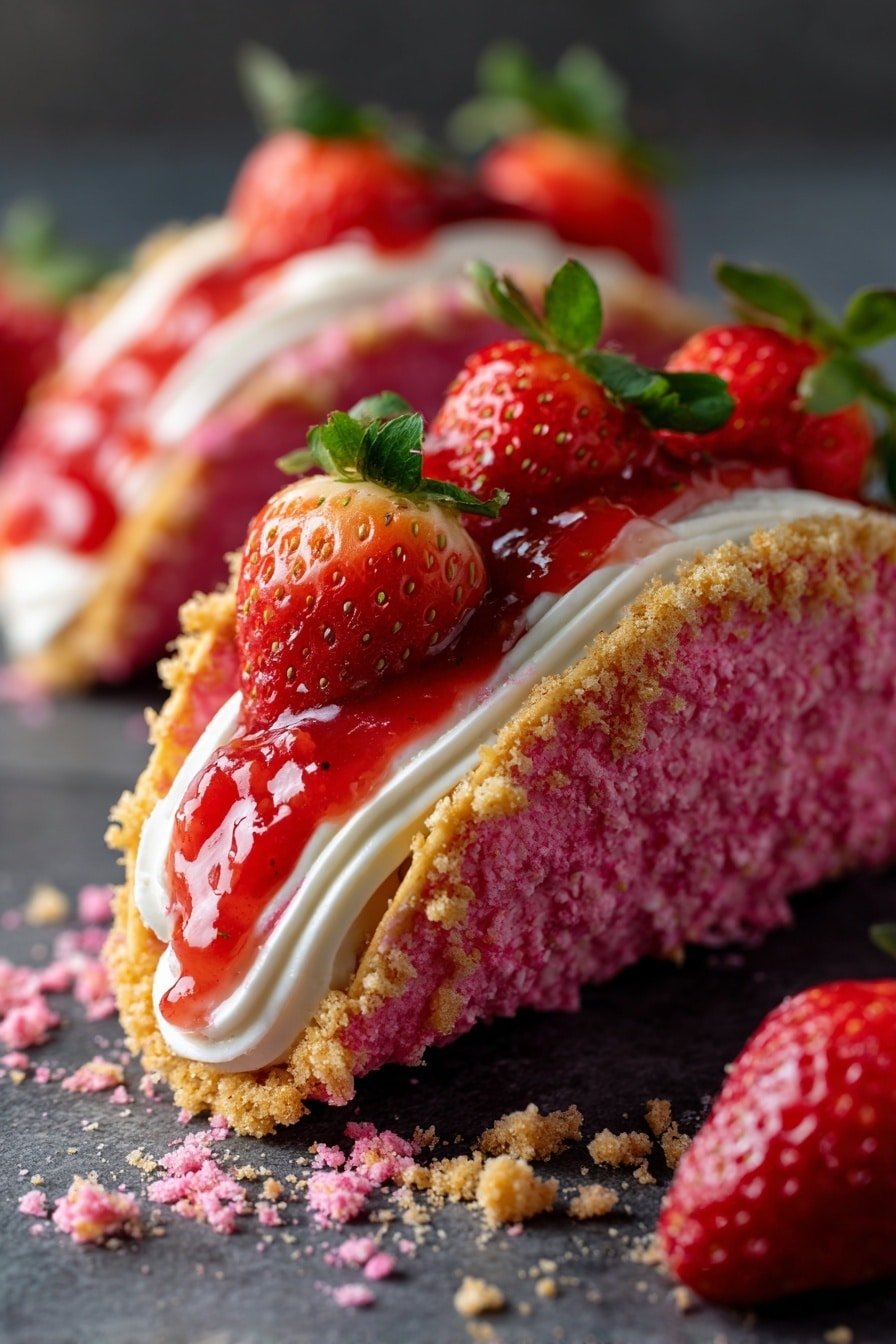 The image shows two pink crumb-coated taco-shaped shells placed on a dark smooth surface, each shell filled with a thick, white swirled cream layer. On top of the cream, there is a bright red strawberry sauce with visible chunks, and each taco is garnished with two halved fresh strawberries with green leaves still attached. Around the tacos, there are small scattered crumbs in pink and light brown colors. The closer taco is in sharp focus, showing fine texture details, while the one behind is softly blurred. photo taken with an iphone --ar 2:3 --v 7 — Strawberry Cookie Boats, strawberry dessert recipes, easy fruity cookies, homemade strawberry treats, adorable strawberry desserts