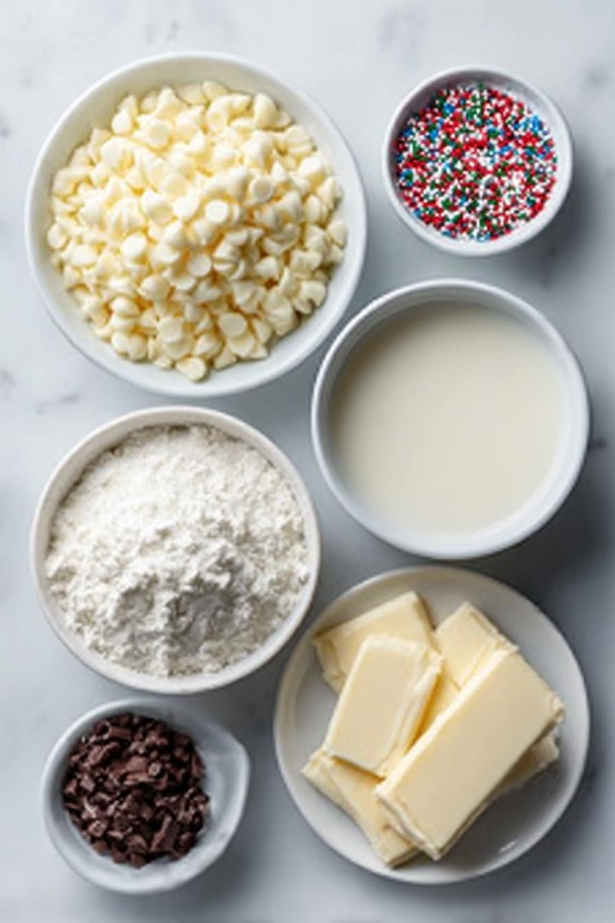 Flat lay of a small mound of creamy white chocolate chips, a neat heap of fine sugar cookie mix, a small white bowl filled with thick sweetened condensed milk, a small pat of unsalted butter, a small white bowl holding clear pale vanilla extract, a scattering of colorful holiday sprinkles divided between two small white bowls, and a few smooth pieces of white almond bark arranged symmetrically, all on simple white ceramic plates and bowls, placed on a clean white marble surface, soft natural light, photo taken with an iPhone, professional food photography style, fresh ingredients, white ceramic bowls, no bottles, no duplicates, no utensils, no packaging --ar 2:3 --v 7 --p m7354639359234015250 — Valentine’s Day Sugar Cookie Fudge, Valentine’s Day fudge recipes, easy holiday fudge, vanilla sugar cookie fudge, homemade Valentine’s Day treats