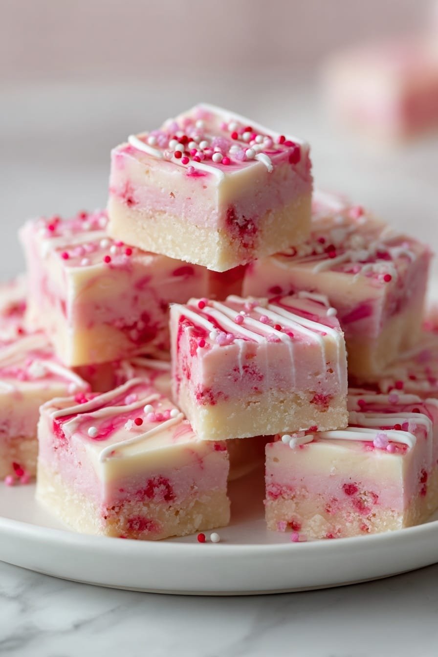 This image shows a pile of square-shaped pink fudge pieces stacked on a white plate. Each fudge piece has two layers: the bottom and bigger layer is light pink with tiny red bits inside, giving it a slightly rough texture, while the top smaller layer is creamy white with soft pink swirls. White lines of icing are drizzled over each piece, and small round sprinkles in pink, red, and white sit on top as decoration. The white plate is placed on a white marbled surface, and the background is softly blurred to keep focus on the fudge. photo taken with an iphone --ar 2:3 --v 7 — Valentine’s Day Sugar Cookie Fudge, Valentine’s Day fudge recipes, easy holiday fudge, vanilla sugar cookie fudge, homemade Valentine’s Day treats