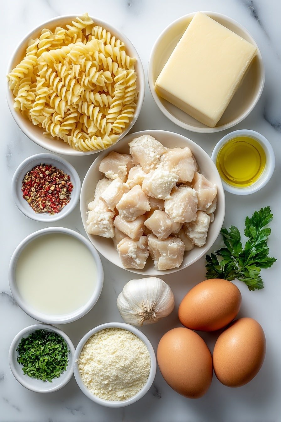 Creamy Garlic Parmesan Chicken Pasta Recipe - Ingredients Image — Creamy Garlic Parmesan Chicken Pasta, creamy garlic chicken pasta, chicken pasta with Parmesan and garlic, comforting chicken pasta dish, easy creamy chicken pasta