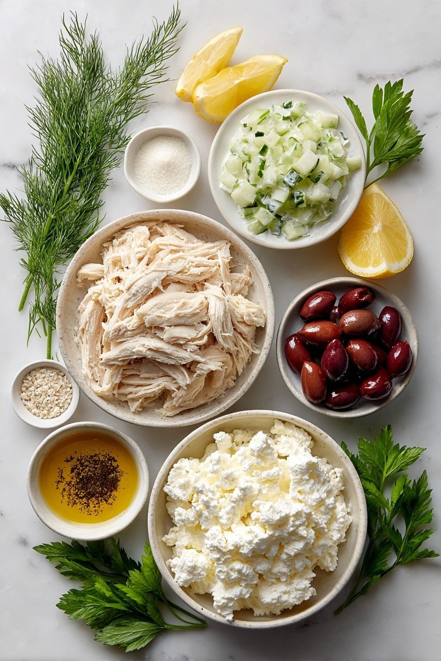 Flat lay of a small white ceramic bowl of creamy plain Greek yogurt, a small white ceramic bowl of finely shredded cucumber, a small white ceramic bowl of fresh lemon wedges, a few sprigs of bright green fresh dill, a small white ceramic bowl of white garlic powder, a small white ceramic bowl of coarse kosher salt, a small white ceramic bowl of freshly ground black pepper, a mound of shredded cooked chicken breast, a small cluster of finely chopped red onion, a small pile of halved dark purple kalamata olives, a small white ceramic bowl of crumbled white feta cheese, and a few sprigs of vibrant flat leaf parsley all arranged symmetrically, placed on a clean white marble surface, soft natural light, photo taken with an iPhone, professional food photography style, fresh ingredients, white ceramic bowls, no bottles, no duplicates, no utensils, no packaging --ar 2:3 --v 7 --p m7354639359234015250 — Tzatziki Chicken Salad, Greek-inspired chicken salad, easy tzatziki chicken dish, healthy chicken salad recipes, fresh cucumber chicken salad