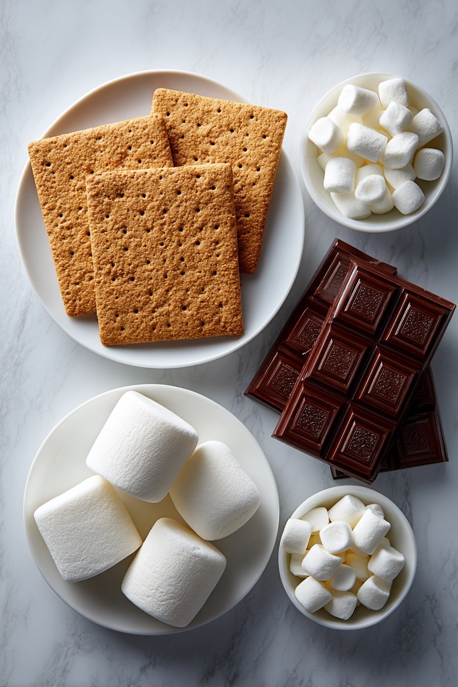 Flat lay of two whole rectangular graham crackers broken into four squares, two large pristine white marshmallows with smooth surfaces, and one unwrapped dark chocolate bar broken into squares, all arranged symmetrically without overlap, placed on simple white ceramic plates and small bowls as needed, placed on a clean white marble surface, soft natural light, photo taken with an iPhone, professional food photography style, fresh ingredients, white ceramic bowls, no bottles, no duplicates, no utensils, no packaging --ar 2:3 --v 7 --p m7354639359234015250 — Air Fryer S’mores, s'mores recipe, easy s'mores, camping desserts, marshmallow treats