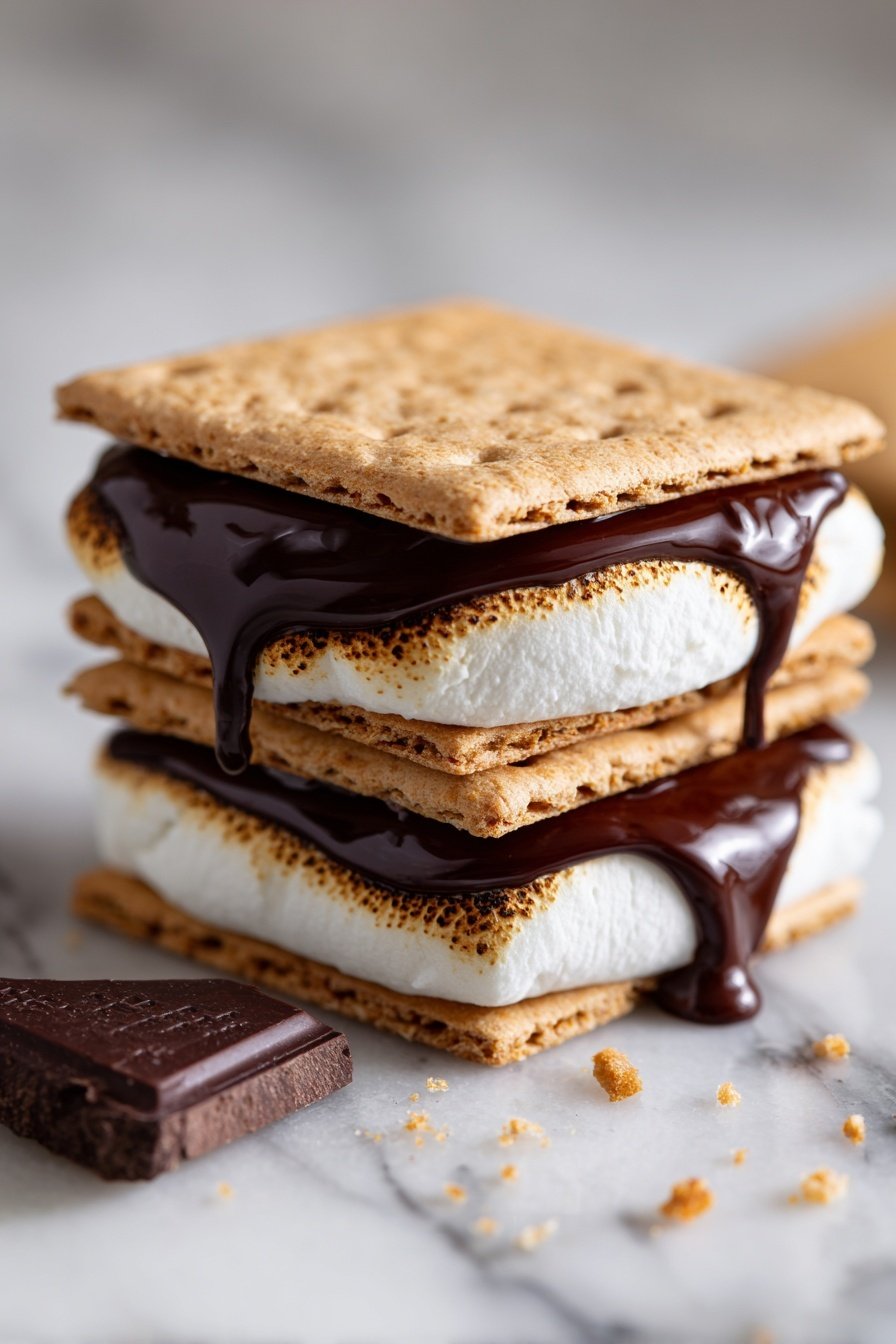 The image shows a close-up of a three-layer s'mores stack placed on a white plate. Each layer consists of a light brown rectangular graham cracker on the top and bottom with fluffy white marshmallow filling and rich dark brown melted chocolate layered alternately between them. The edges of the marshmallow and chocolate are slightly melting and spilling out between the crackers. Around the stack, small broken pieces of graham cracker lie scattered on the plate. The background is a white marbled texture. photo taken with an iphone --ar 2:3 --v 7 — Air Fryer S’mores, s'mores recipe, easy s'mores, camping desserts, marshmallow treats