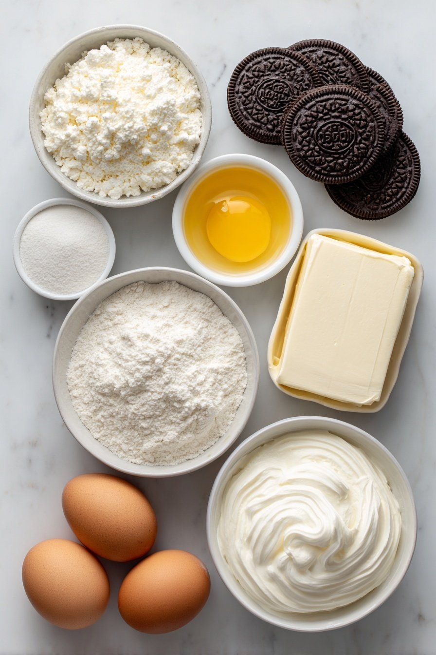 Flat lay of a pile of whole Oreo cookies, a small white bowl of finely crushed Oreos, a small white bowl of melted golden butter, a small white bowl of dry instant vanilla pudding powder, a small white bowl of cold milk, a block of smooth cream cheese, a small white bowl of powdered sugar, a small white bowl of thick whipped cream, and two whole uncracked brown eggs placed on a clean white marble surface, soft natural light, photo taken with an iPhone, professional food photography style, fresh ingredients, white ceramic bowls, no bottles, no duplicates, no utensils, no packaging --ar 2:3 --v 7 --p m7354639359234015250 — Easy Oreo Dirt Cake, Oreo Dirt Cake recipe, no-bake Oreo dessert, chocolate Oreo pudding, quick Oreo dirt cake