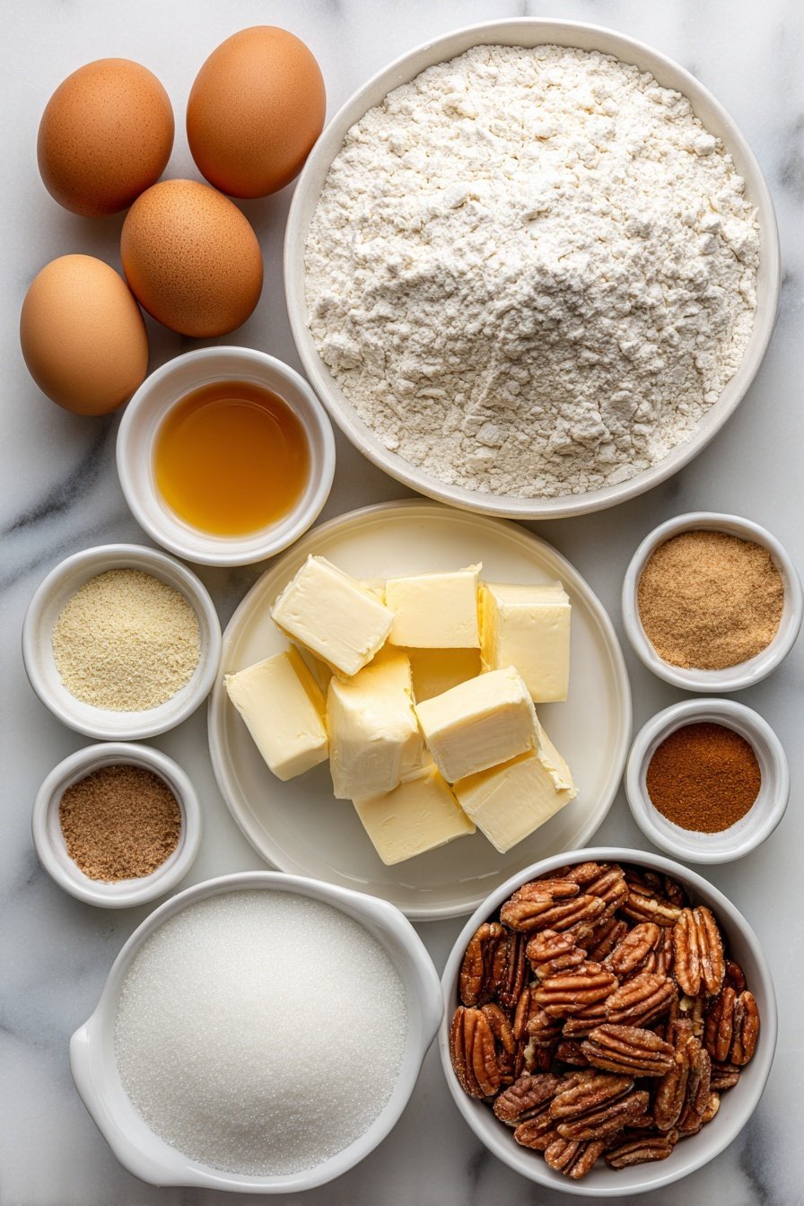 Flat lay of all-purpose flour in a small white ceramic bowl, a small white bowl of granulated sugar, cold unsalted butter cut into chunks on a white plate, three whole uncracked brown eggs, chopped pecans on a simple white dish, a small white bowl of light brown sugar, a small white bowl of light corn syrup, a small white bowl of buttermilk, small white bowls containing ground cinnamon, baking powder, kosher salt, vanilla extract, and ground allspice each displayed separately, arranged with perfect symmetry and realistic proportions, placed on a clean white marble surface, soft natural light, photo taken with an iPhone, professional food photography style, fresh ingredients, white ceramic bowls, no bottles, no duplicates, no utensils, no packaging --ar 2:3 --v 7 --p m7354639359234015250 — Pecan Pie Cobbler, pecan pie cobbler recipe, easy pecan dessert, comforting fall dessert, caramel pecan cobbler