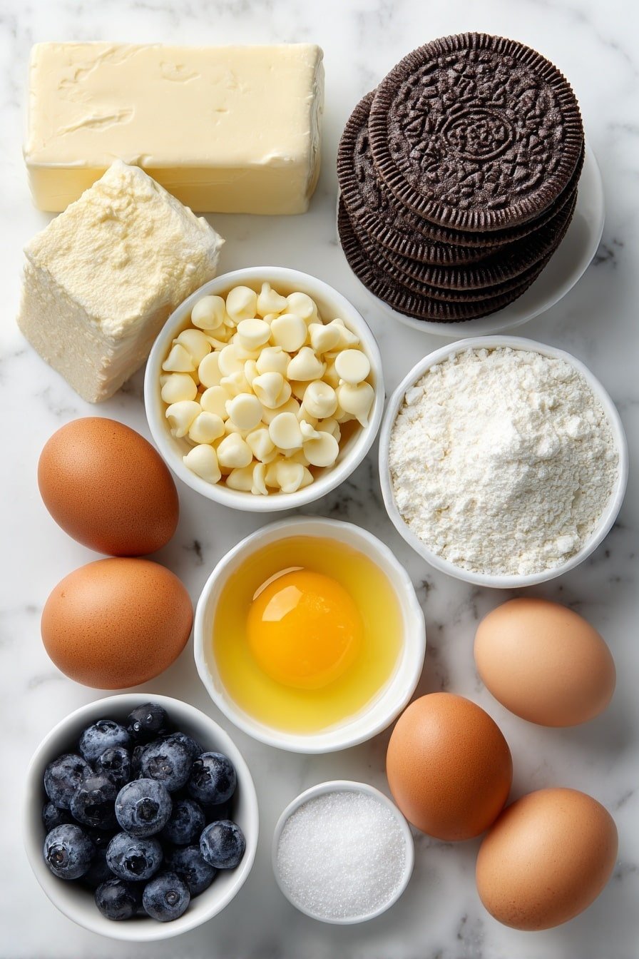 Flat lay of a stack of whole chocolate sandwich cookies, a small white bowl of melted butter, a large block of cream cheese, a small white bowl of melted white chocolate chips, a small white bowl of granulated sugar, a small white bowl of sour cream, a small white bowl of vanilla extract, three whole uncracked brown eggs, a small white bowl overflowing with fresh blueberries, a small white bowl of lemon juice, a small white bowl of cornstarch, and a small white bowl of white sugar placed on a clean white marble surface, soft natural light, photo taken with an iPhone, professional food photography style, fresh ingredients, white ceramic bowls, no bottles, no duplicates, no utensils, no packaging --ar 2:3 --v 7 --p m7354639359234015250 — White Chocolate Blueberry Cheesecake, Blueberry Cheesecake Recipe, Easy Cheesecake with Blueberries, Make-Ahead Cheesecake Dessert, Best White Chocolate Cheesecake