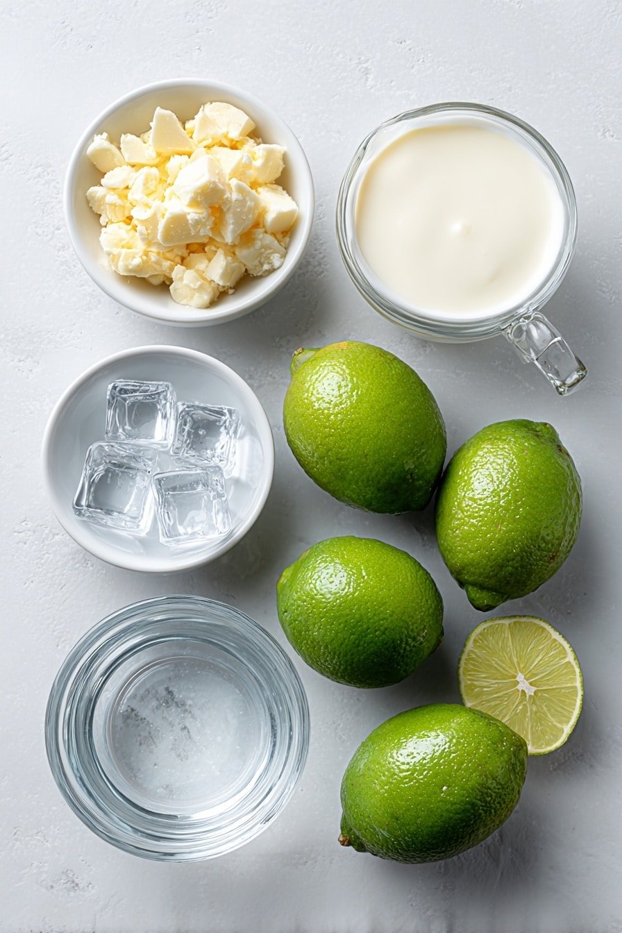 Flat lay of six whole fresh green limes, a small white ceramic bowl filled with chopped lime pieces, a small white ceramic bowl containing smooth pale condensed milk, a small white ceramic bowl with clear cold water, and a small white ceramic bowl with several large transparent ice cubes, all arranged symmetrically around the center, placed on a clean white marble surface, soft natural light, photo taken with an iPhone, professional food photography style, fresh ingredients, white ceramic bowls, no bottles, no duplicates, no utensils, no packaging --ar 2:3 --v 7 --p m7354639359234015250 — Brazilian Limeade, Brazilian Limeade recipe, tropical lime drinks, refreshing lime beverages, creamy limeade