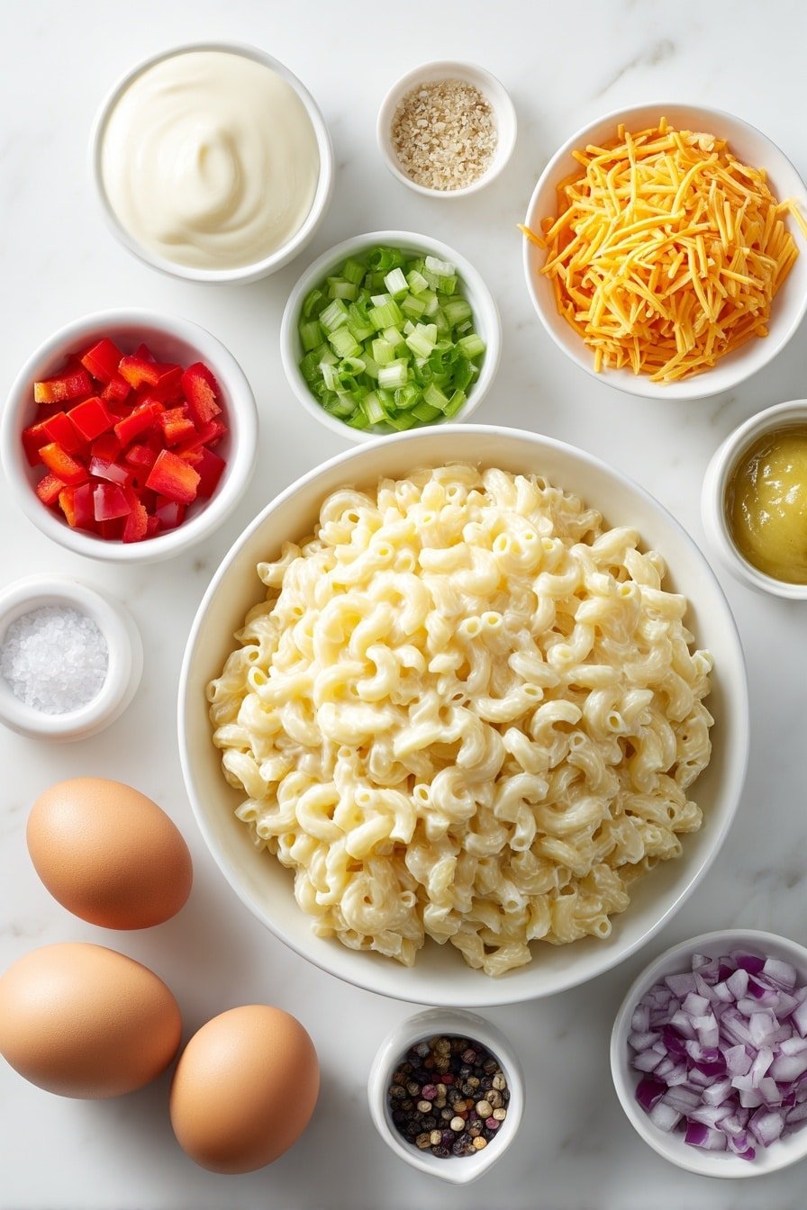 Flat lay of cooked elbow macaroni shaped into a neat mound, a small white bowl filled with creamy mayonnaise, a small white bowl holding bright red diced bell pepper, a small white bowl with fresh green diced bell pepper, a small white bowl containing finely chopped celery stalks, a small white bowl of finely diced purple-red onion, a small white bowl with vibrant shredded orange carrots, a small white bowl filled with glossy sweet pickle relish, a small white bowl containing smooth yellow mustard, whole uncracked brown eggs, and small white bowls holding coarse sea salt and cracked black peppercorns, all arranged in perfect symmetry on a clean white marble surface, soft natural light, photo taken with an iPhone, professional food photography style, fresh ingredients, white ceramic bowls, no bottles, no duplicates, no utensils, no packaging --ar 2:3 --v 7 --p m7354639359234015250 — Dolly Parton’s Macaroni Salad, easy macaroni salad recipe, summer pasta salad, creamy macaroni salad, Southern-style pasta salad