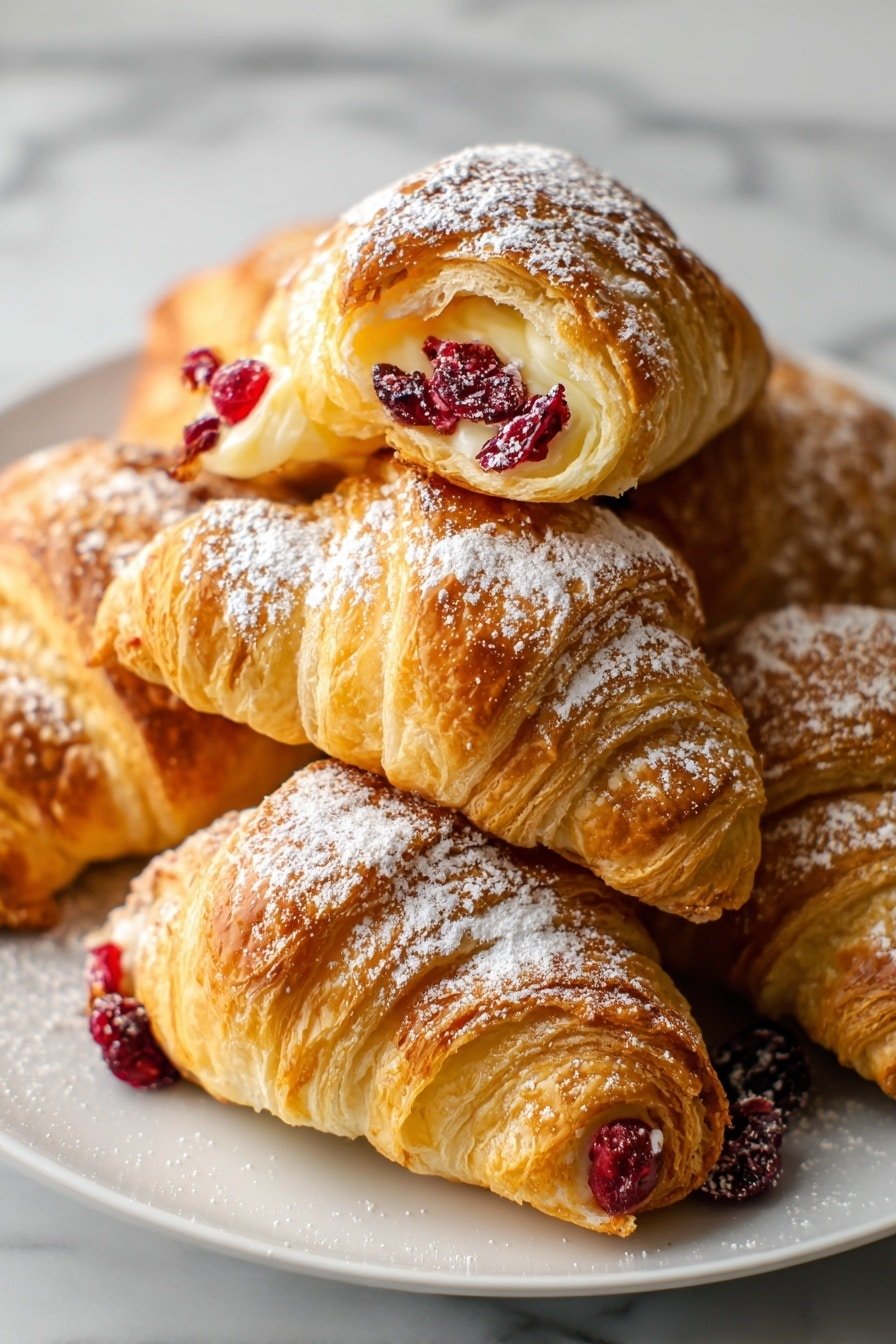 Three golden brown croissants sit on a white plate, each filled with a thick layer of smooth, creamy white filling visible in the middle. On top of the filling on each croissant, there are glistening, dark red berry pieces arranged unevenly, with a single bright red whole berry placed on the top center of each croissant. The croissants have a light dusting of white powdered sugar, adding a delicate texture over the flaky crust. The scene is set against a white marbled surface. Photo taken with an iphone --ar 2:3 --v 7 — Cranberry Cream Cheese Crescent Bites, Breakfast Appetizer with Cranberries, Easy Cranberry Crescent Bites, Holiday Cranberry Snack, Baked Cranberry Cream Cheese Pastry