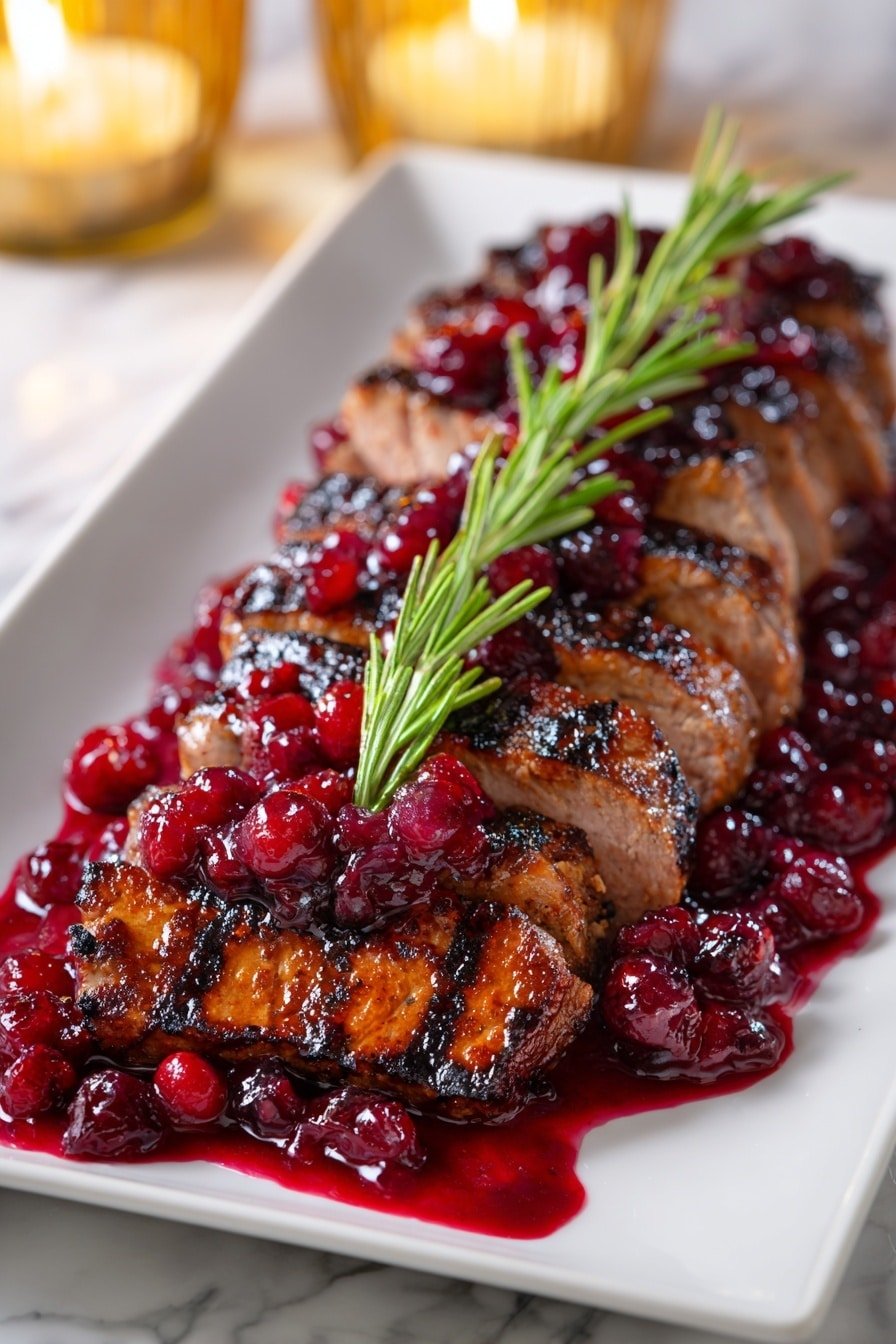 A white rectangular plate holds a sliced piece of grilled meat with a browned and slightly charred outer layer, arranged in five thick slices side by side. The meat is covered with a glossy dark red sauce filled with whole and crushed red berries spread evenly over and around the meat on the plate. On top of the meat slices, there is a fresh green rosemary sprig placed lengthwise, adding a bright contrast to the deep red berries and sauce. The dish sits on a white marbled surface with soft warm candle lights blurred in the background. photo taken with an iphone --ar 2:3 --v 7 — Cranberry Glazed Pork Tenderloin, cranberry glazed pork recipe, festive pork tenderloin with cranberries, easy pork dinner with cranberry glaze, juicy pork with fruit glaze