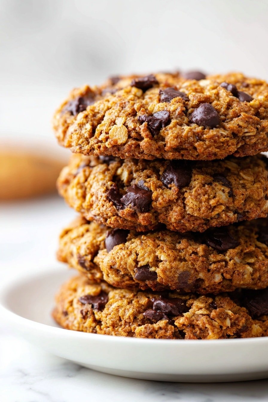 A stack of six round chocolate chip cookies is placed on a white plate, showing a rough texture with many large dark brown chocolate chips embedded and scattered over each cookie's light brown surface. The cookies are thick and slightly cracked, with the top cookie leaning on the others creating a small pyramid shape. The plate rests on a white marbled surface. Photo taken with an iphone --ar 2:3 --v 7 — Peanut Butter Oatmeal Chocolate Chip Cookies, easy peanut butter cookies, chewy oatmeal cookies, chocolate chip cookie recipe, homemade cookie ideas