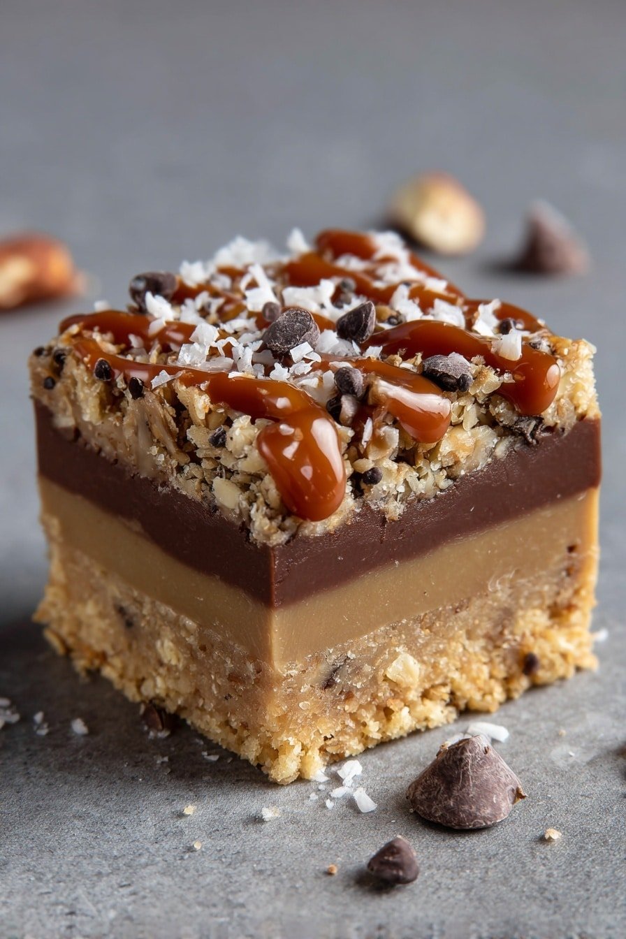 A square layered dessert bar with three main layers, starting from the bottom is a thick golden-brown crumbly crust with a slightly rough texture. The middle layer is a smooth, shiny milk chocolate filling that looks dense and soft. The top layer is a textured mix of light golden oat-like crumbs with pieces of whole nuts. Drizzled over the top is a rich, glossy caramel sauce, scattered with small dark chocolate chips and white shredded flakes, likely coconut. The bar sits on a flat gray surface, with slight crumbs around it, and some chocolate chips nearby. Photo taken with an iphone --ar 2:3 --v 7 — Loaded Caramel Cookie Bars, caramel cookie bars recipe, easy caramel dessert bars, buttery caramel cookie bars, rich caramel chocolate bars