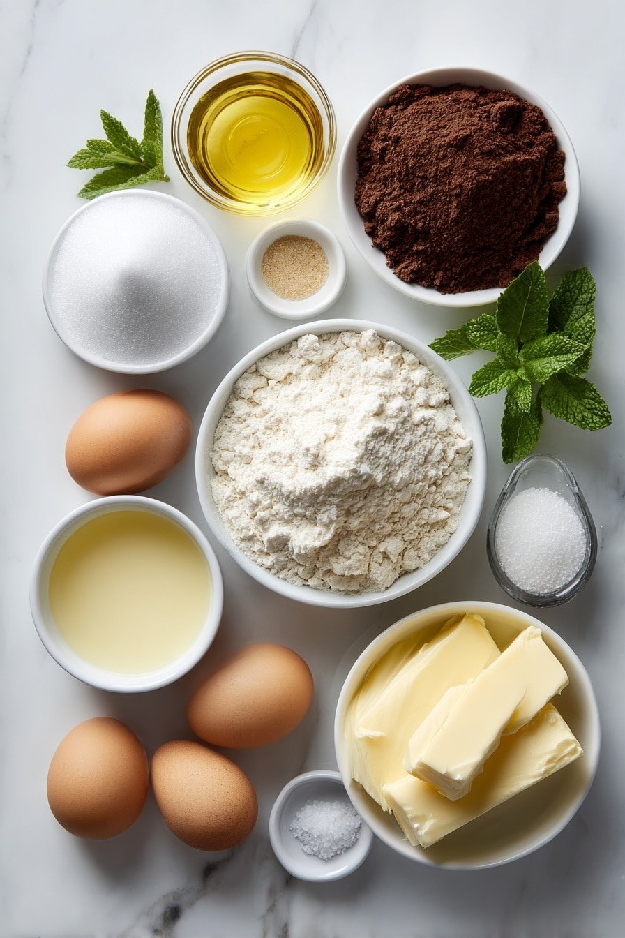 Flat lay of a small mound of rich brown sugar, a neat pile of all-purpose flour, a heap of deep brown unsweetened cocoa powder, a few whole uncracked brown eggs, a small white bowl of golden oil, a small white bowl with clear apple cider vinegar, a small white bowl of creamy soy milk, a tiny white bowl with warm light brown instant coffee dissolved in milk, a few sprigs of fresh green peppermint leaves, a small white bowl of white powdered sugar, a small white bowl of smooth vegan butter softened to creamy texture, a tiny white bowl holding vanilla extract, a tiny white bowl holding peppermint extract, a pinch of coarse sea salt crystals, and a small pile of baking powder and baking soda powders arranged symmetrically, all ingredients fresh and natural, no duplicates, no packaging, no utensils, no bowls except simple white ceramic placed on a clean white marble surface, soft natural light, photo taken with an iPhone, professional food photography style, fresh ingredients, white ceramic bowls, no bottles, no duplicates, no utensils, no packaging --ar 2:3 --v 7 --p m7354639359234015250 — Peppermint Chocolate Cupcakes, peppermint chocolate cupcakes, festive cupcake recipe, mint chocolate dessert, chocolate cupcake with peppermint