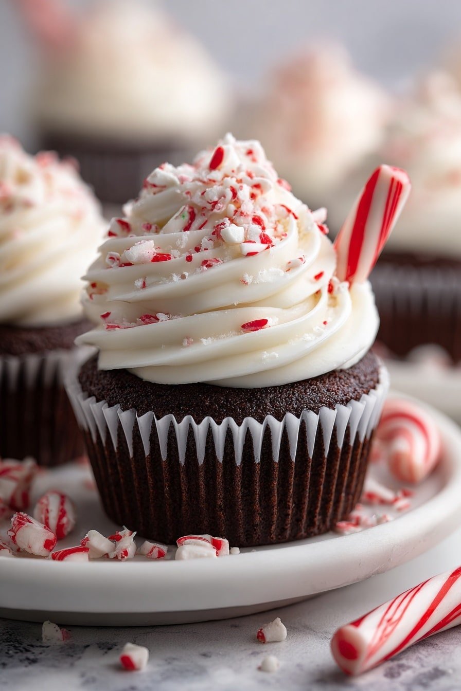 The image shows chocolate cupcakes with three layers: the bottom layer is a dark brown cupcake with a moist texture, the middle layer is a swirl of white frosting with a smooth and fluffy look, and the top layer is crushed red and white peppermint candy pieces scattered on the frosting. Each cupcake is topped with a whole small candy cane stuck into the frosting, creating a festive appearance. The cupcakes are placed on a white plate with a simple design, set on a white marbled surface, and there are extra candy canes and peppermint candies scattered around the plate. photo taken with an iphone --ar 2:3 --v 7 — Peppermint Chocolate Cupcakes, peppermint chocolate cupcakes, festive cupcake recipe, mint chocolate dessert, chocolate cupcake with peppermint