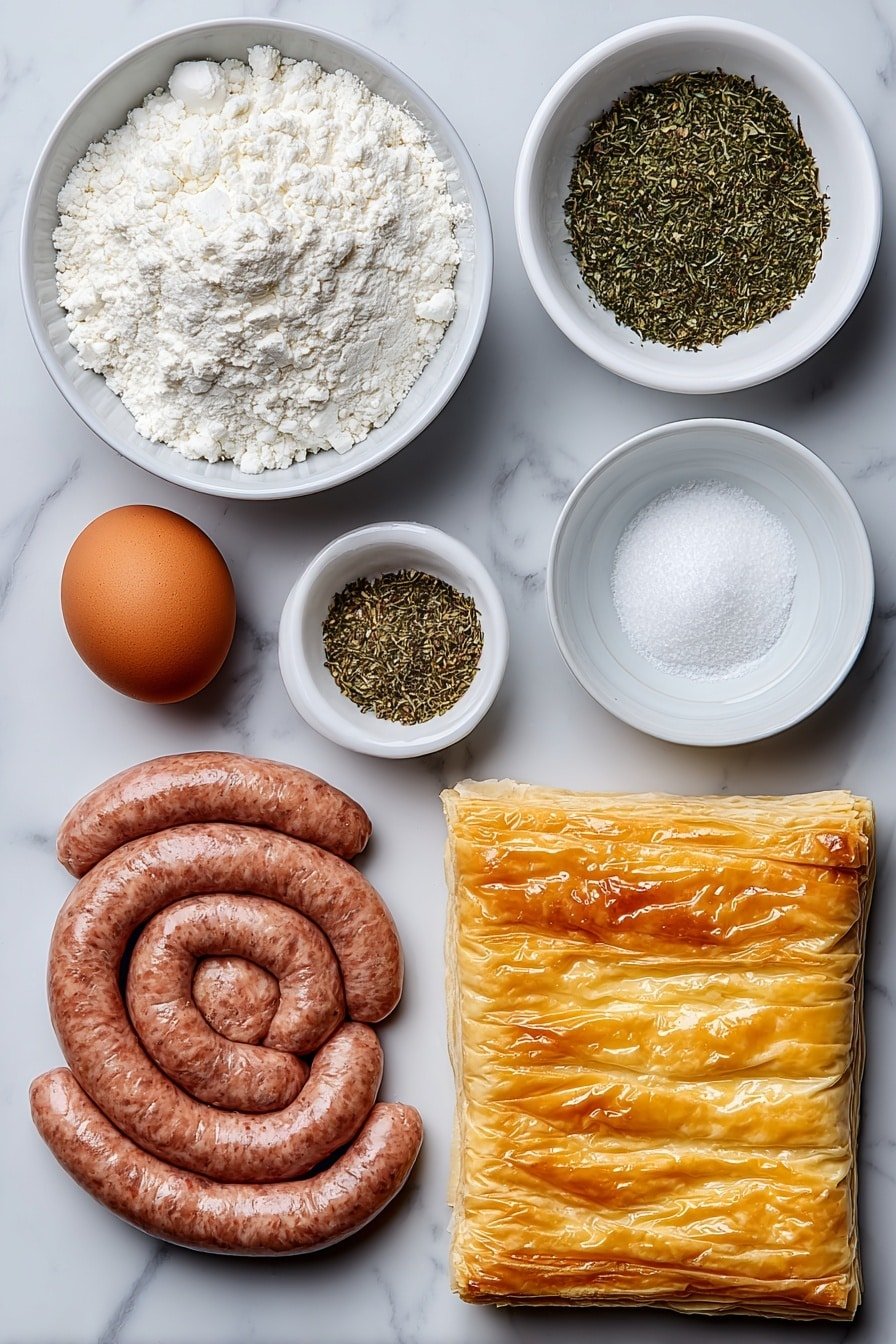 Flat lay of a coil of fresh pale pink pork sausages, a rectangular sheet of golden-beige puff pastry with visible flaky layers, one whole brown egg with a smooth uncracked shell, a small white ceramic bowl containing clear water, a small white ceramic bowl filled with fine white garlic powder, and a small white ceramic bowl holding mixed dried Italian herbs in green and brown shades, all arranged in perfect symmetry on a clean white marble surface, soft natural light, photo taken with an iPhone, professional food photography style, fresh ingredients, white ceramic bowls, no bottles, no duplicates, no utensils, no packaging --ar 2:3 --v 7 --p m7354639359234015250 — Pigs in Blanket with Puff Pastry, Puff Pastry Sausage Rolls, Easy Pigs in Blanket, Breakfast Snack Recipes, Vacation Appetizer Ideas