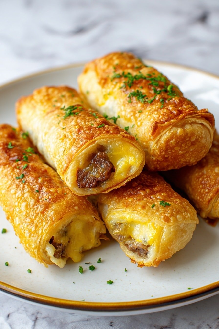 The image shows four golden brown pastries arranged closely on a white plate with a thin gold rim. Each pastry is cylindrical with a flaky, crisp outer layer, and you can see a piece of meat and melted yellow cheese inside on one end. Small green herb pieces are scattered on the pastries and plate, adding a fresh splash of color. The background has a white marbled texture. photo taken with an iphone --ar 2:3 --v 7 — Pigs in Blanket with Puff Pastry, Puff Pastry Sausage Rolls, Easy Pigs in Blanket, Breakfast Snack Recipes, Vacation Appetizer Ideas