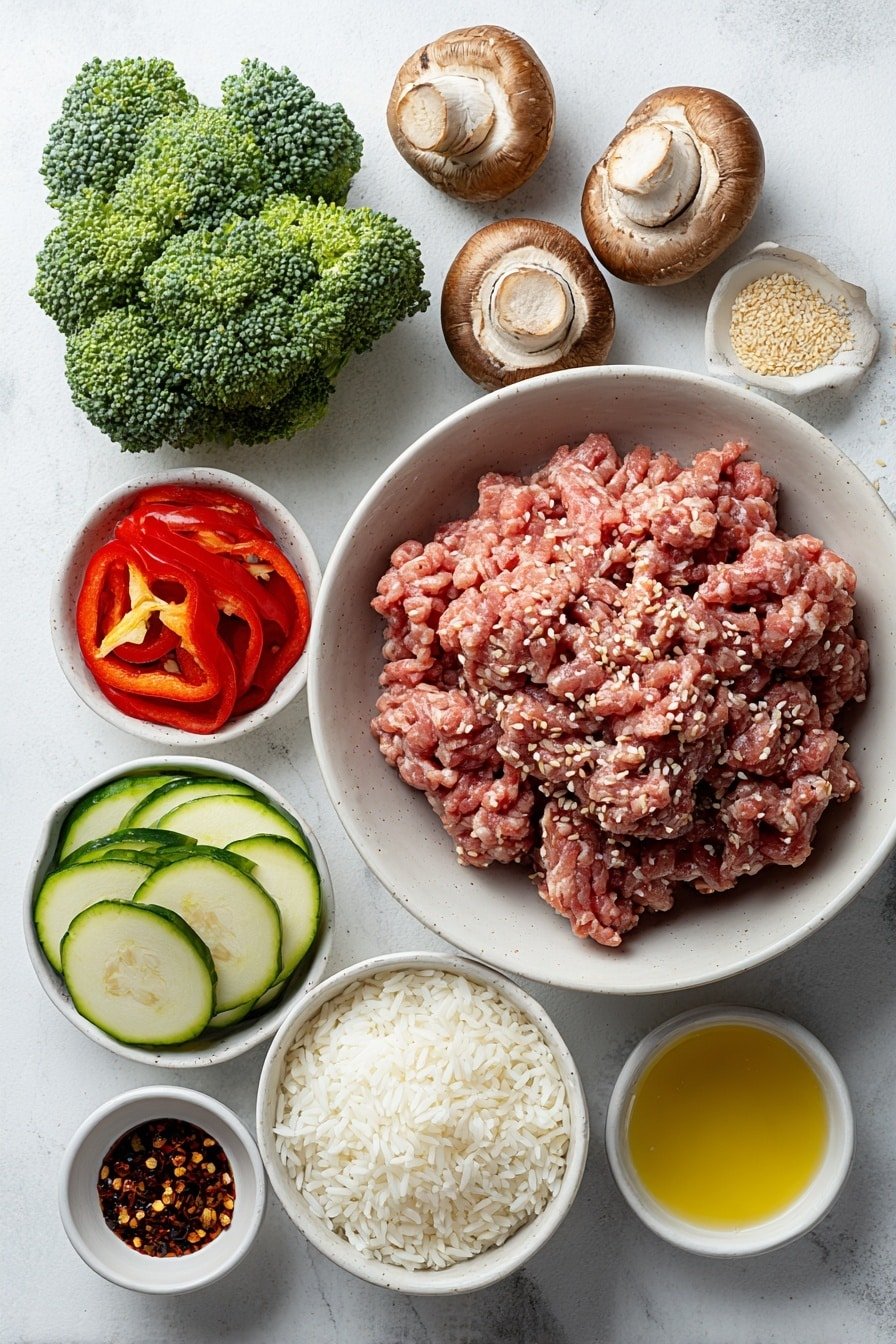 Flat lay of fresh raw ground beef in a simple white ceramic bowl, two whole brown garlic bulbs next to two small white bowls—one with red chili flakes and one with dark soy sauce, a small white bowl of golden sesame oil, a small white bowl with light brown granulated brown sugar, bright green broccoli florets arranged neatly, half of a whole red bell pepper sliced, half of a fresh zucchini sliced, fresh whole brown mushrooms sliced, a small white bowl of golden olive oil, a small heap of fluffy steamed white rice placed in a simple white ceramic bowl, all ingredients spaced evenly and symmetrically placed on a clean white marble surface, soft natural light, photo taken with an iPhone, professional food photography style, fresh ingredients, white ceramic bowls, no bottles, no duplicates, no utensils, no packaging --ar 2:3 --v 7 --p m7354639359234015250 — Spicy Ground Beef Stir-Fry with Veggies, spicy beef stir-fry recipe, quick weeknight beef stir-fry, healthy veggie beef stir-fry, easy spicy beef dinner