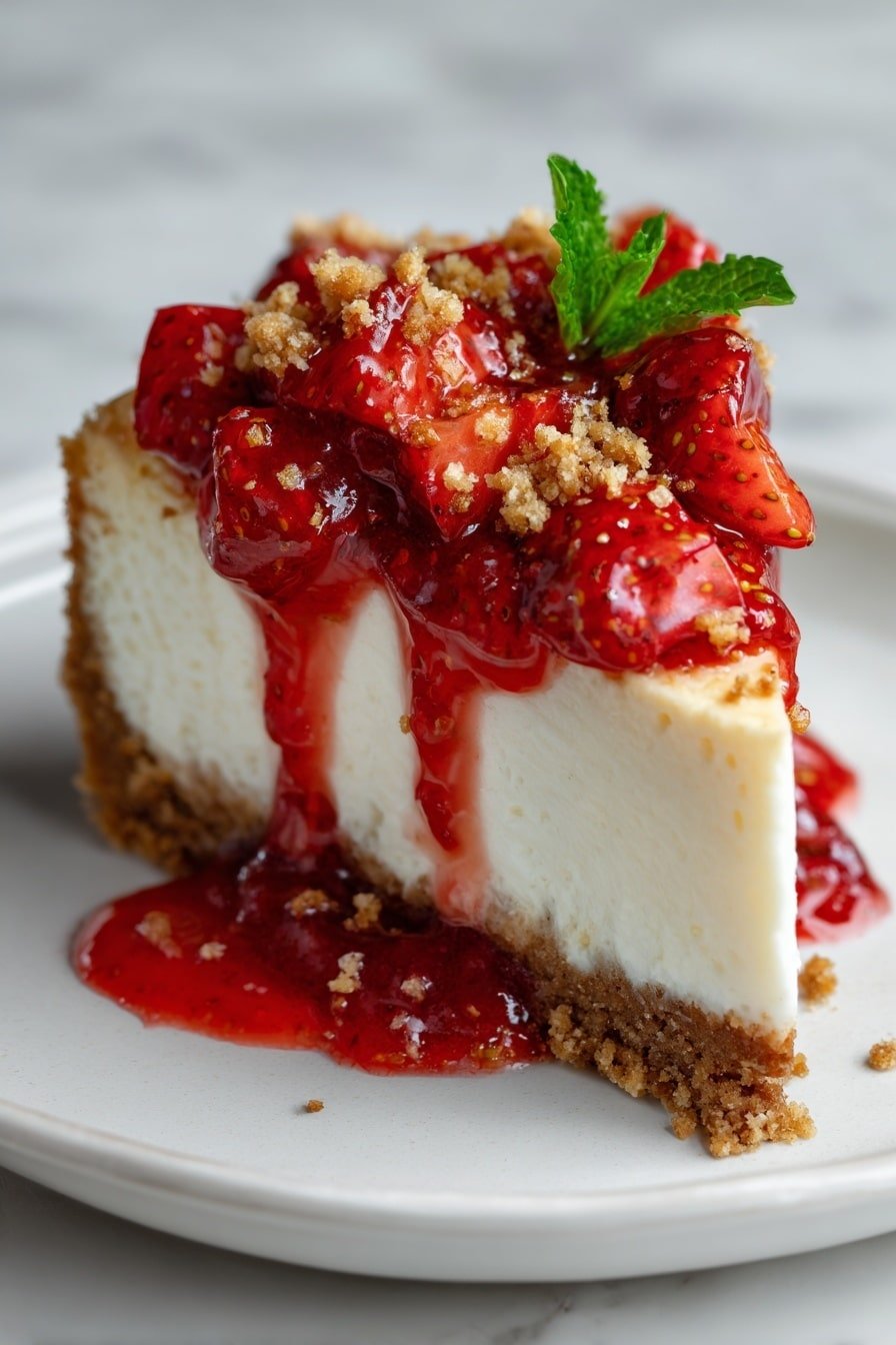 Strawberry Crunch Cheesecake Recipe - Article Image 2 — Strawberry Crunch Cheesecake, strawberry cheesecake recipe, no-bake cheesecake with strawberries, crunchy strawberry topping, easy cheesecake dessert