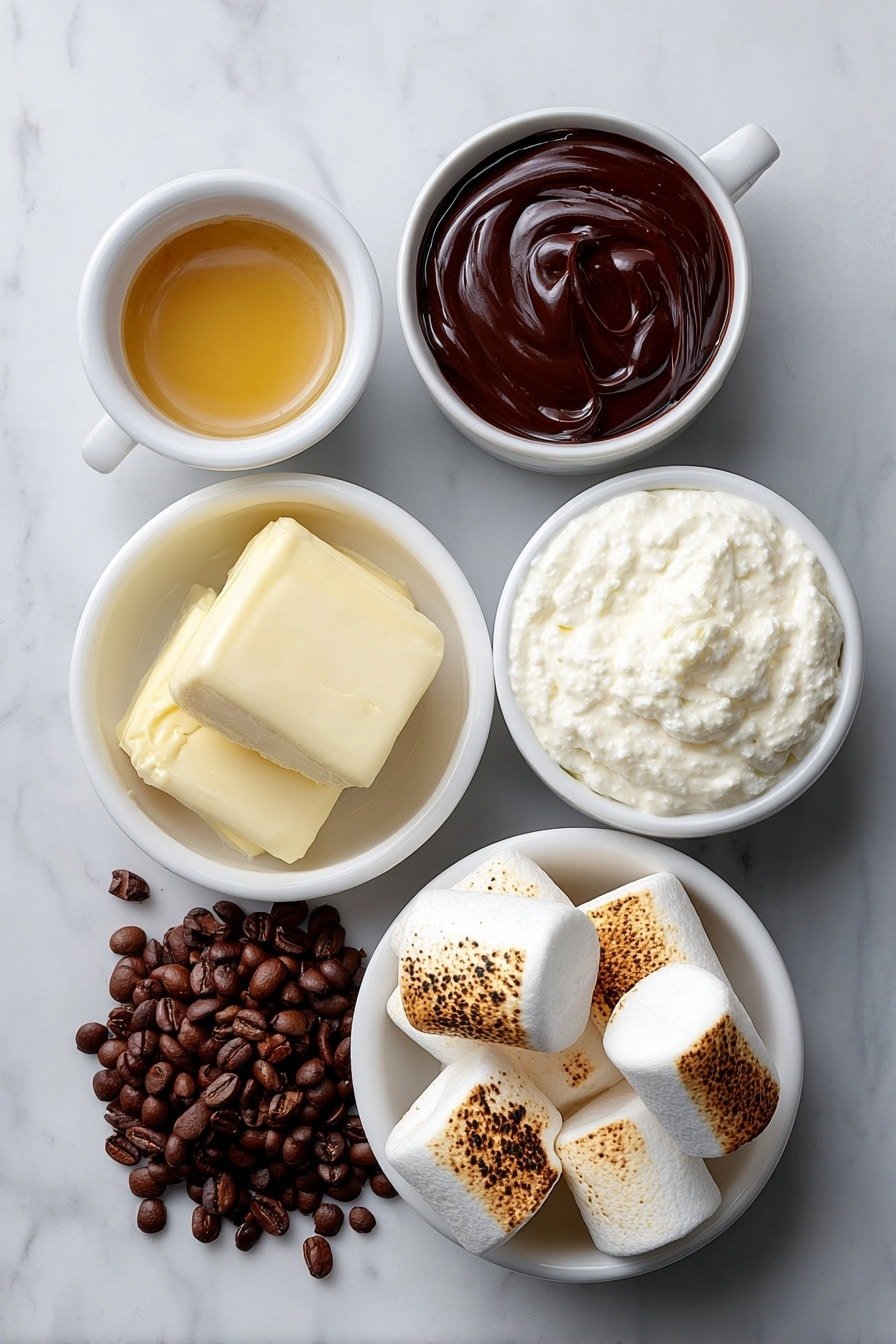Toasted Marshmallow S'mores Latte Recipe - Ingredients Image — Toasted Marshmallow S'mores Latte, S'mores coffee drink, toasted marshmallow hot beverage, campfire inspired latte, cozy s'mores coffee recipe