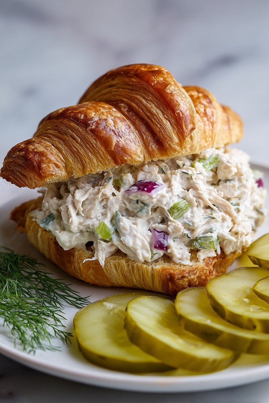 A flaky, golden brown croissant sliced open and filled with a creamy chicken salad mixture. The chicken salad has visible pieces of white shredded chicken, light green celery chunks, and small purple onion cubes, all coated in a thick, white dressing with specks of black pepper. A small sprig of fresh green dill rests on top of the filling. The sandwich sits on a smooth black plate, against a white marbled surface background. photo taken with an iphone --ar 2:3 --v 7 — Dill Pickle Chicken Salad, chicken salad with dill pickles, easy chicken salad recipe, tangy chicken salad, quick lunch chicken salad