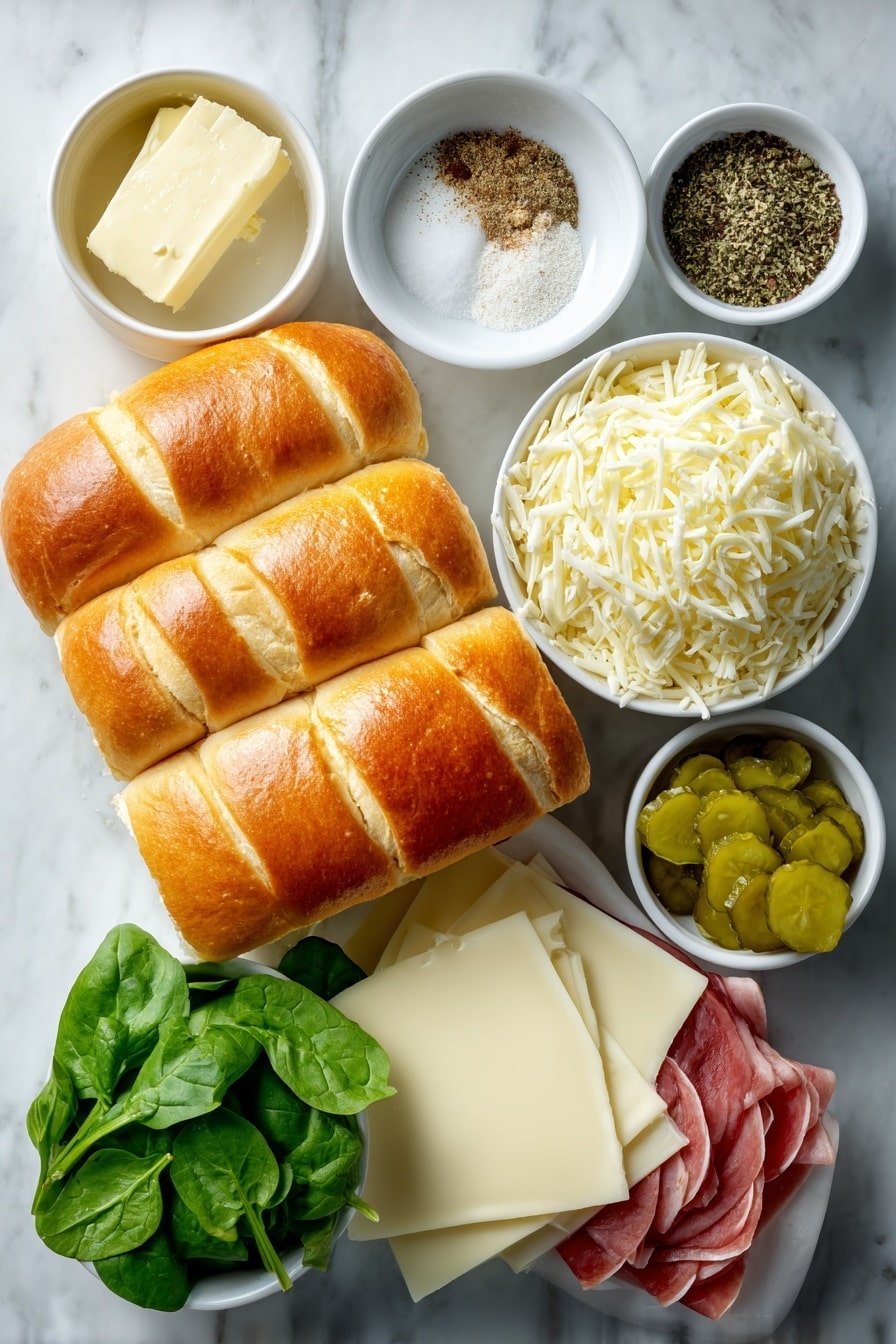 Flat lay of four fresh large sub rolls sliced horizontally, a small white ceramic bowl of soft unsalted butter, a small white bowl each containing garlic powder, onion powder, dried oregano, salt, and black pepper, eight slices of pale provolone cheese neatly stacked, a small stack of pink deli ham slices, a small white bowl of shredded mozzarella cheese, a small white bowl of grated Parmesan cheese, a small pile of fresh baby spinach leaves, a small white bowl with neatly arranged sliced pickles, all ingredients arranged symmetrically in perfect proportions on a clean white marble surface, soft natural light, photo taken with an iPhone, professional food photography style, fresh ingredients, white ceramic bowls, no bottles, no duplicates, no utensils, no packaging --ar 2:3 --v 7 --p m7354639359234015250 — Garlic Butter Ham and Cheese Hot Sandwiches, garlic butter sandwiches, ham cheese hot sandwiches, cheesy ham sandwiches, quick lunch hot sandwiches