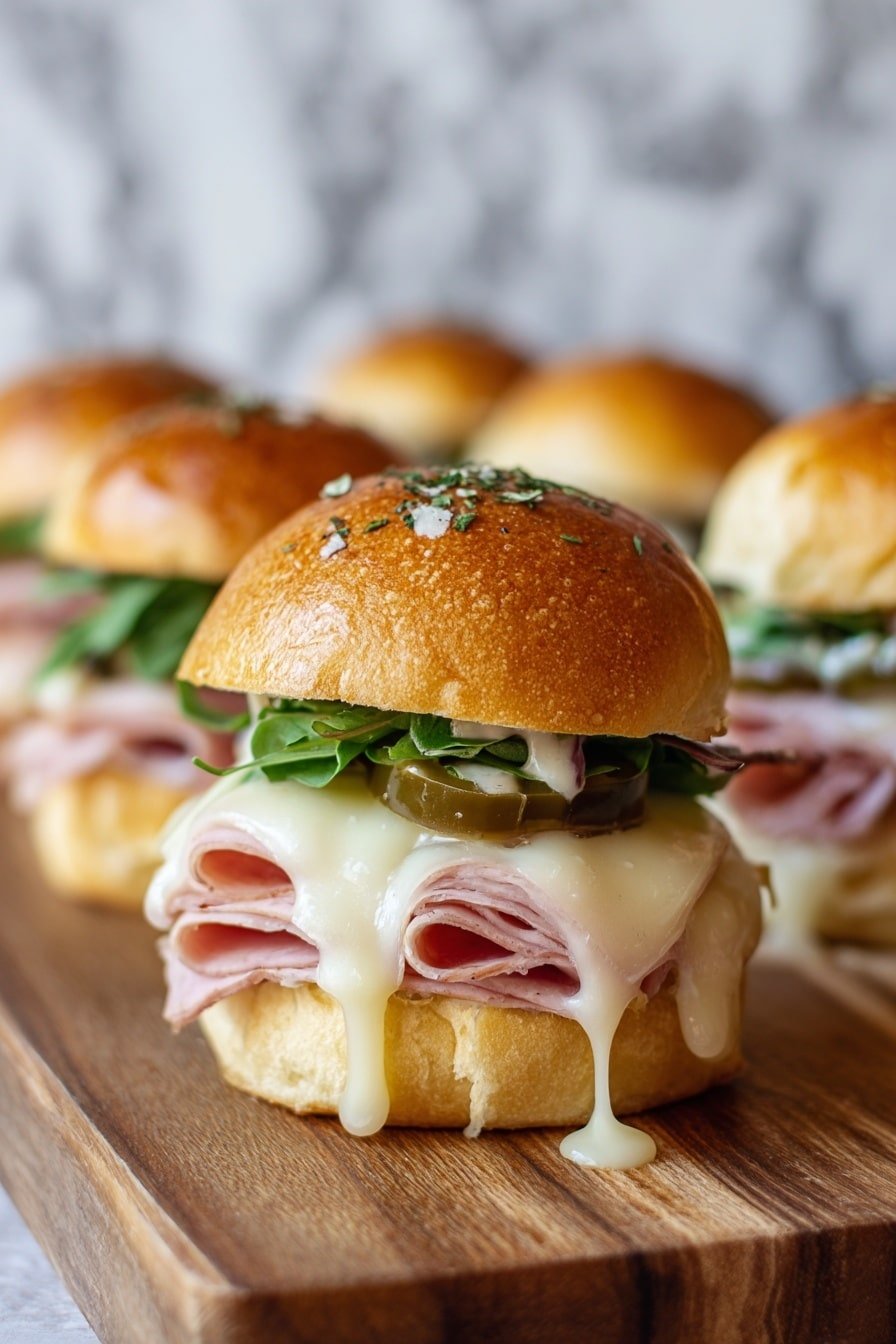 This image shows several toasted sandwiches placed closely together on a wooden board. Each sandwich has three layers: the top layer is a golden brown, crunchy bread roll sprinkled with seeds and spices; the middle layer features melted white cheese dripping down the sides with thin slices of pink deli meat folded underneath; the bottom layer includes chopped green peppers and red pepper pieces adding color and texture. The sandwiches are arranged in a slightly diagonal line, with a white marbled texture surface faintly visible in the background. photo taken with an iphone --ar 2:3 --v 7 — Garlic Butter Ham and Cheese Hot Sandwiches, garlic butter sandwiches, ham cheese hot sandwiches, cheesy ham sandwiches, quick lunch hot sandwiches
