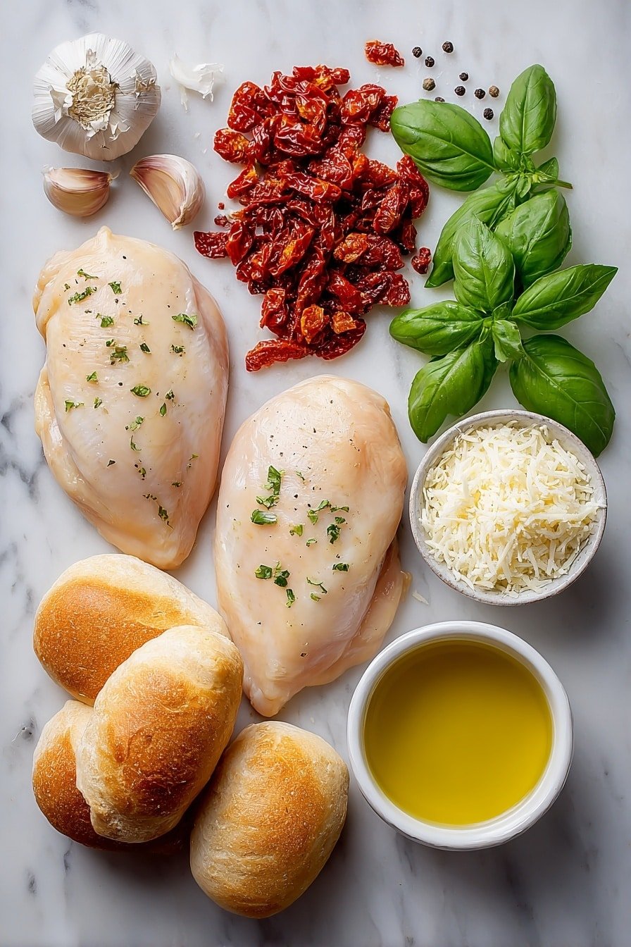 Flat lay of two raw chicken breasts, a small pile of chopped sun-dried tomatoes, a small white ceramic bowl of heavy cream, three whole uncracked garlic cloves, a small bunch of fresh basil leaves, a small white ceramic bowl of grated Parmesan cheese, a few grains of sea salt and black pepper scattered neatly, four whole ciabatta rolls, a small white ceramic bowl of olive oil, all arranged symmetrically on a clean white marble surface, soft natural light, photo taken with an iPhone, professional food photography style, fresh ingredients, white ceramic bowls, no bottles, no duplicates, no utensils, no packaging --ar 2:3 --v 7 --p m7354639359234015250 — Marry Me Chicken Sandwich with Sun-Dried Tomatoes, chicken sandwich recipe with sun-dried tomatoes, creamy chicken sandwich with basil and sun-dried tomatoes, easy gourmet chicken sandwich, comforting chicken sandwich ideas
