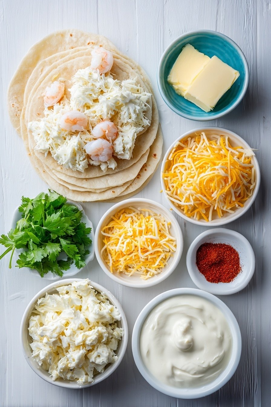 Flat lay of a small mound of finely chopped cooked shrimp, a pile of shredded cooked crab meat, a small heap of shredded Monterey Jack cheese, a dollop of softened cream cheese, a small white bowl filled with mild queso dip, a few bright green sprigs of fresh cilantro, a small white bowl containing garlic powder, a small white bowl with smoked paprika, several small plain white flour tortillas arranged neatly, and a small white bowl of golden melted butter, all placed symmetrically on simple white ceramic dishes, placed on a clean white marble surface, soft natural light, photo taken with an iPhone, professional food photography style, fresh ingredients, white ceramic bowls, no bottles, no duplicates, no utensils, no packaging --ar 2:3 --v 7 --p m7354639359234015250 — Seafood Queso Bites, seafood appetizer ideas, cheesy seafood bites, quick seafood snacks, crispy seafood appetizers