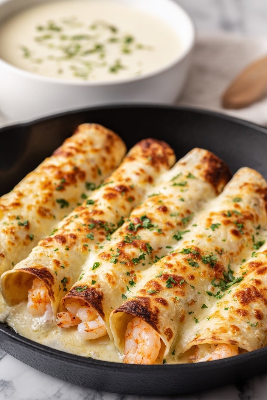 Four rolled tortillas with golden brown spots lie close together in a black pan, each filled with creamy, white cheese and visible chunks of light orange seafood. The cheese filling oozes slightly from the ends and has green herb bits sprinkled over it. In the background, a white bowl with creamy dip topped with small bits of red and green herbs is placed. The whole scene is set against a white marbled surface. photo taken with an iphone --ar 2:3 --v 7 — Seafood Queso Bites, seafood appetizer ideas, cheesy seafood bites, quick seafood snacks, crispy seafood appetizers