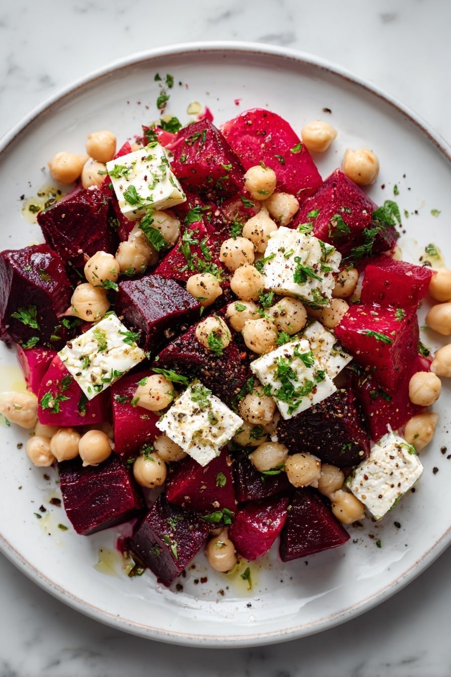 Chickpea Beet Feta Salad with Lemon Dressing Recipe - Article Image 1 — Chickpea Beet Feta Salad with Lemon Dressing, healthy chickpea beet salad, vegetarian beet salad, easy vegan salad recipes, gluten-free veggie salads