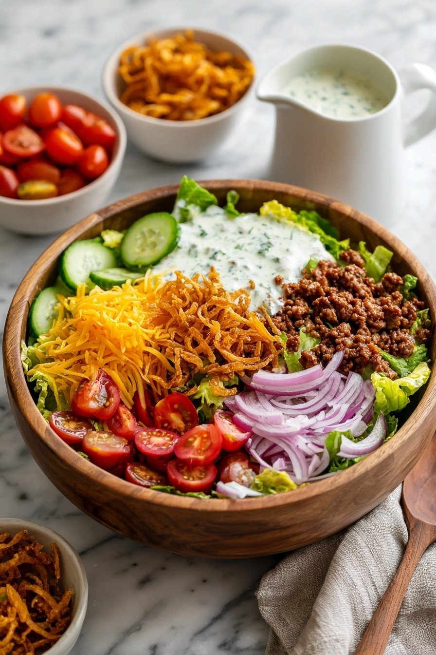Crispy Rice Cheeseburger Salad Recipe - Article Image 2 — Crispy Rice Cheeseburger Salad, cheeseburger salad, crispy rice salad, savory ground beef salad, easy cheeseburger salad recipe