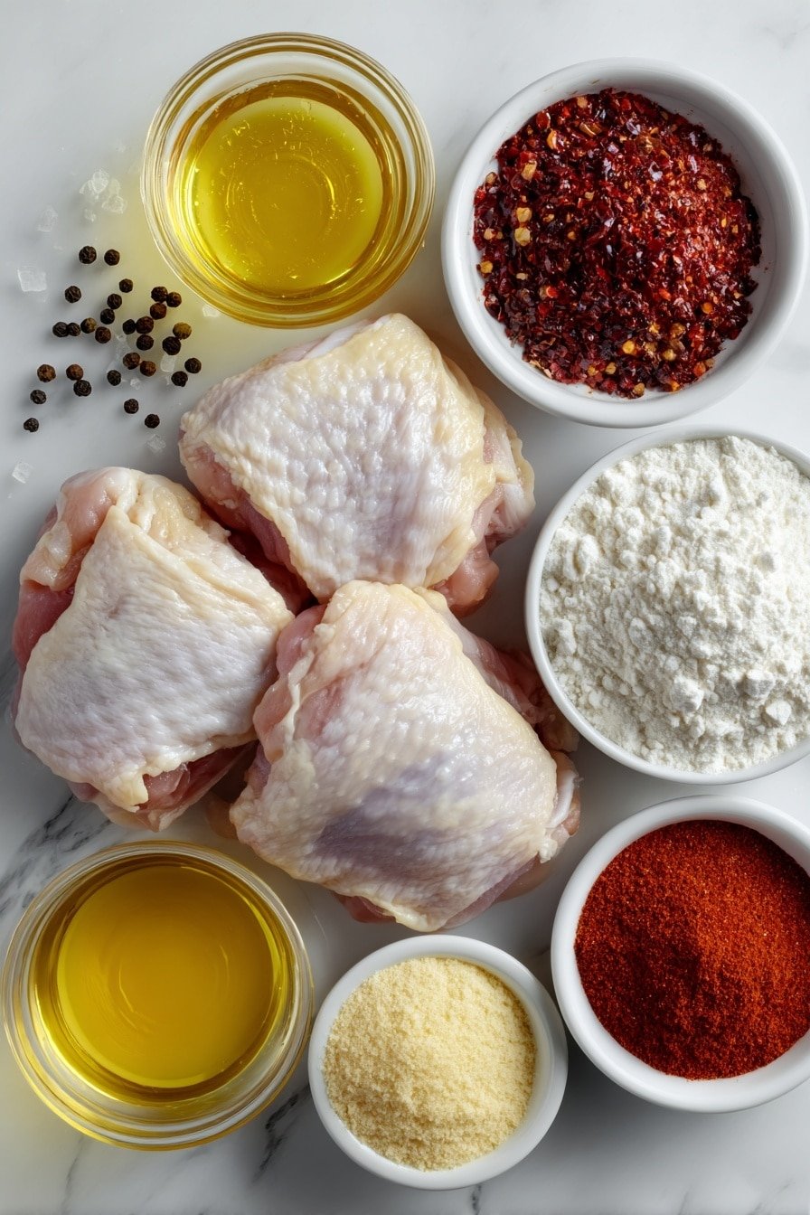 Flat lay of fresh raw chicken thighs with skin on, a small heap of coarse salt crystals, a small pile of whole black peppercorns, a small mound of pale yellow garlic powder, a small mound of light beige onion powder, a small mound of deep reddish-orange smoked paprika, a small mound of bright red cayenne pepper, a small white ceramic bowl filled with fine white flour, a small white ceramic bowl of golden honey, a small white ceramic bowl of amber apple cider vinegar, and a small white ceramic bowl with vivid red crushed red pepper flakes, all arranged with perfect symmetry and balanced proportions on a clean white marble surface, soft natural light, photo taken with an iPhone, professional food photography style, fresh ingredients, white ceramic bowls, no bottles, no duplicates, no utensils, no packaging --ar 2:3 --v 7 --p m7354639359234015250 — Hot Honey Chicken, spicy honey chicken, crispy honey glazed chicken, baked hot honey chicken, easy spicy chicken recipe
