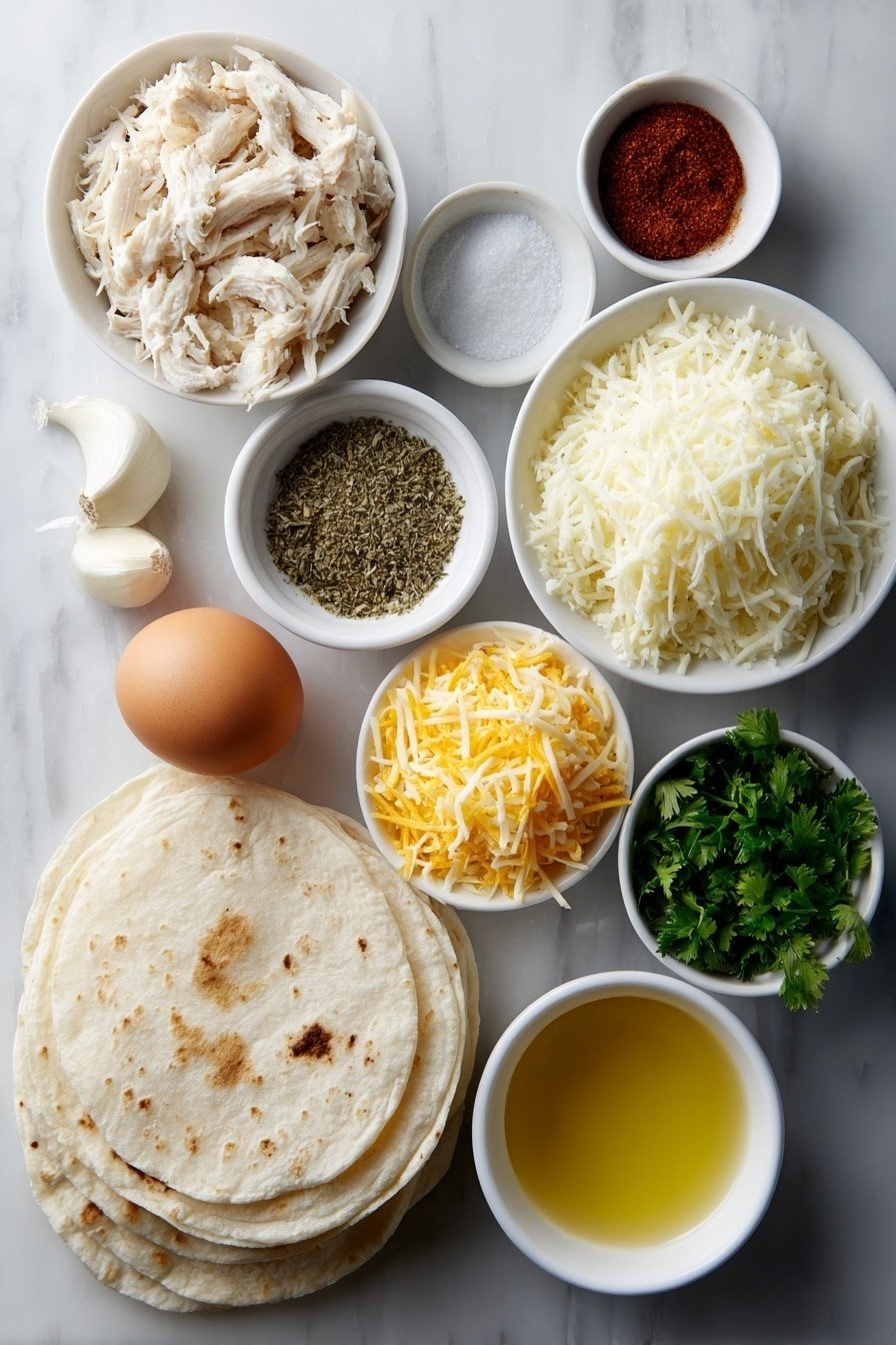 Flat lay of shredded cooked chicken, two cloves of fresh garlic, a small white bowl of golden olive oil, a small white bowl of dried oregano, a small white bowl of smoked paprika, a small white bowl of coarse salt, a small white bowl of black peppercorns, four large plain flour tortillas stacked neatly, a small white bowl of shredded mozzarella cheese, a small white bowl of shredded cheddar cheese, a small white bowl of chopped fresh parsley, a small white bowl of melted unsalted butter, one whole uncracked brown egg placed for scale, all arranged symmetrically with perfect proportions and balanced spacing, placed on a clean white marble surface, soft natural light, photo taken with an iPhone, professional food photography style, fresh ingredients, white ceramic bowls, no bottles, no duplicates, no utensils, no packaging --ar 2:3 --v 7 --p m7354639359234015250 — Cheesy Garlic Chicken Wraps, cheesy garlic chicken wraps recipe, garlic chicken wrap ideas, easy chicken wrap recipes, flavorful chicken wraps