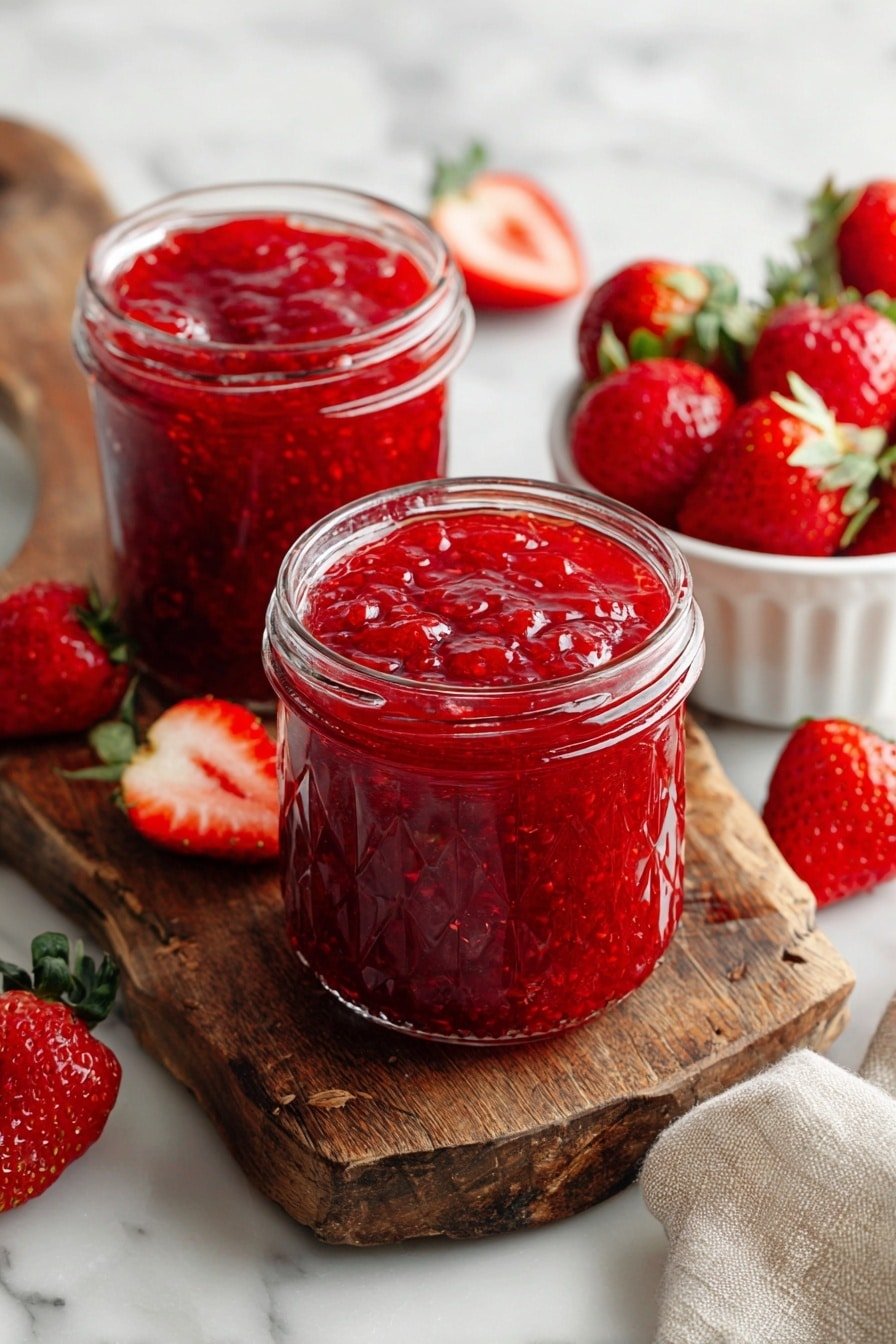 A glass jar filled with thick, bright red strawberry jam, showing a close-up view of a spoon lifting a generous scoop of the jam. The jam has a chunky, textured surface with visible tiny seeds and a shiny, moist appearance. The jar rests on a white marbled surface, and the background is softly blurred to highlight the vivid color and texture of the jam on the spoon. photo taken with an iphone --ar 2:3 --v 7 — Quick Homemade Strawberry Filling for Cakes, homemade strawberry cake filling, easy strawberry filling recipe, fruit filling for cakes, strawberry dessert topping