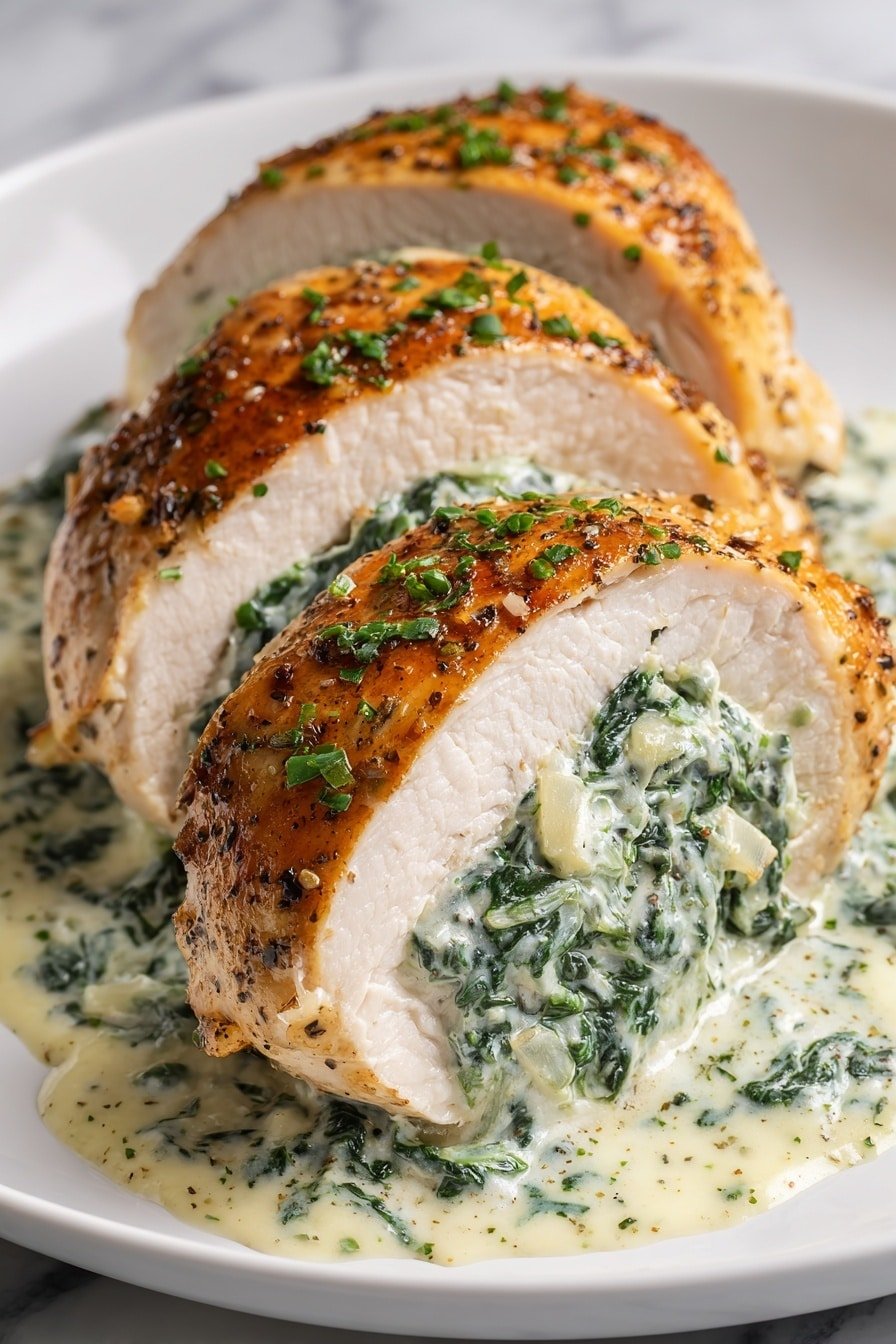 The dish shows a sliced roll of golden brown cooked chicken with a crispy outer layer, stuffed with creamy spinach and white cheese filling inside. The chicken slices are arranged in a row on a white plate, sitting in a light yellow creamy sauce with chopped green herbs scattered on top and around. The inside filling is rich and smooth with visible green spinach pieces, while the chicken exterior has a slightly rough, roasted texture with some seasoning. The white plate rests on a white marbled surface. Photo taken with an iphone --ar 2:3 --v 7 — Spinach Stuffed Chicken Breast, Stuffed Chicken Breast Recipes, Easy Chicken Dinner, Healthy Chicken Recipes, Cheesy Spinach Chicken