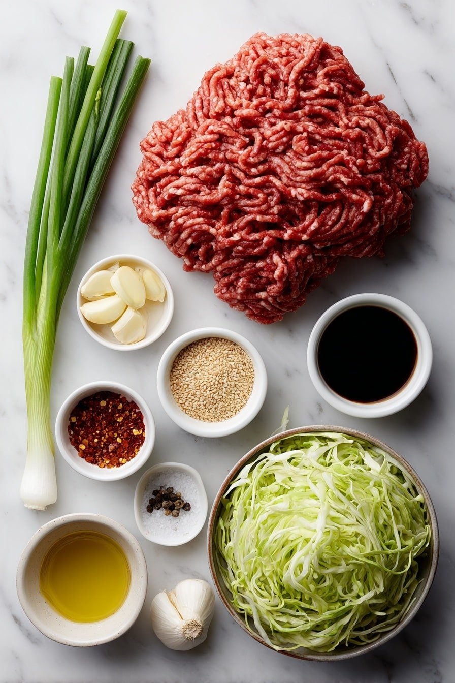 Flat lay of a mound of fresh lean ground beef, a small white bowl of golden avocado oil, a small white bowl of dark soy sauce, a small white bowl of amber sesame oil, a small white bowl of pale rice vinegar, a small white bowl of bright red pepper flakes, a small white bowl of warm brown toasted sesame seeds, a halved small yellow onion finely diced, three whole cloves of garlic, a small heap of light brown ground ginger powder, a pile of shredded green cabbage, two fresh green onions sliced diagonally, salt and black pepper in small white bowls placed symmetrically, all arranged neatly on a clean white marble surface, soft natural light, photo taken with an iPhone, professional food photography style, fresh ingredients, white ceramic bowls, no bottles, no duplicates, no utensils, no packaging --ar 2:3 --v 7 --p m7354639359234015250 — Low Carb Mongolian Ground Beef and Cabbage, Healthy beef and cabbage stir-fry, Low carb Asian beef and cabbage, Easy low carb dinner, Low carb beef recipes