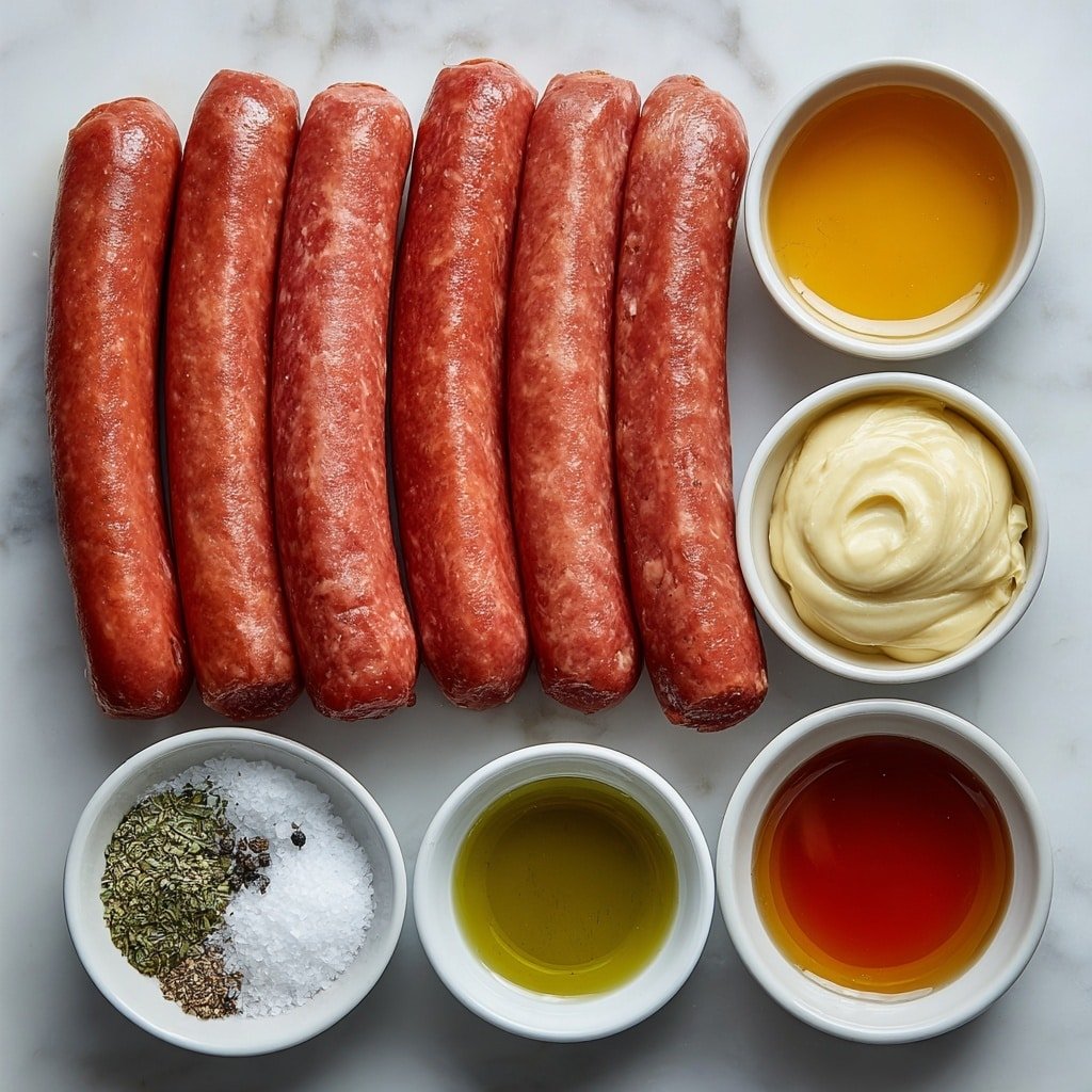 Flat lay of a row of fresh raw pork sausages with smooth pinkish tones, a small white bowl filled with golden honey, a small white bowl of creamy pale yellow Dijon mustard, a small white bowl with fine white garlic powder, a small white bowl holding glossy greenish olive oil, a small white bowl of fine white salt, a small white bowl of coarsely ground black pepper, a small white bowl containing amber apple cider vinegar, all evenly spaced in perfect symmetry on a clean white ceramic surface, placed on a clean white marble surface, soft natural light, photo taken with an iPhone, professional food photography style, fresh ingredients, white ceramic bowls, no bottles, no duplicates, no utensils, no packaging --ar 1:1 --v 7 --p m7354639359234015250 — Honey Mustard Sausages, honey mustard sauce, easy sausage recipe, roasted sausage dinners, flavorful sausage glaze